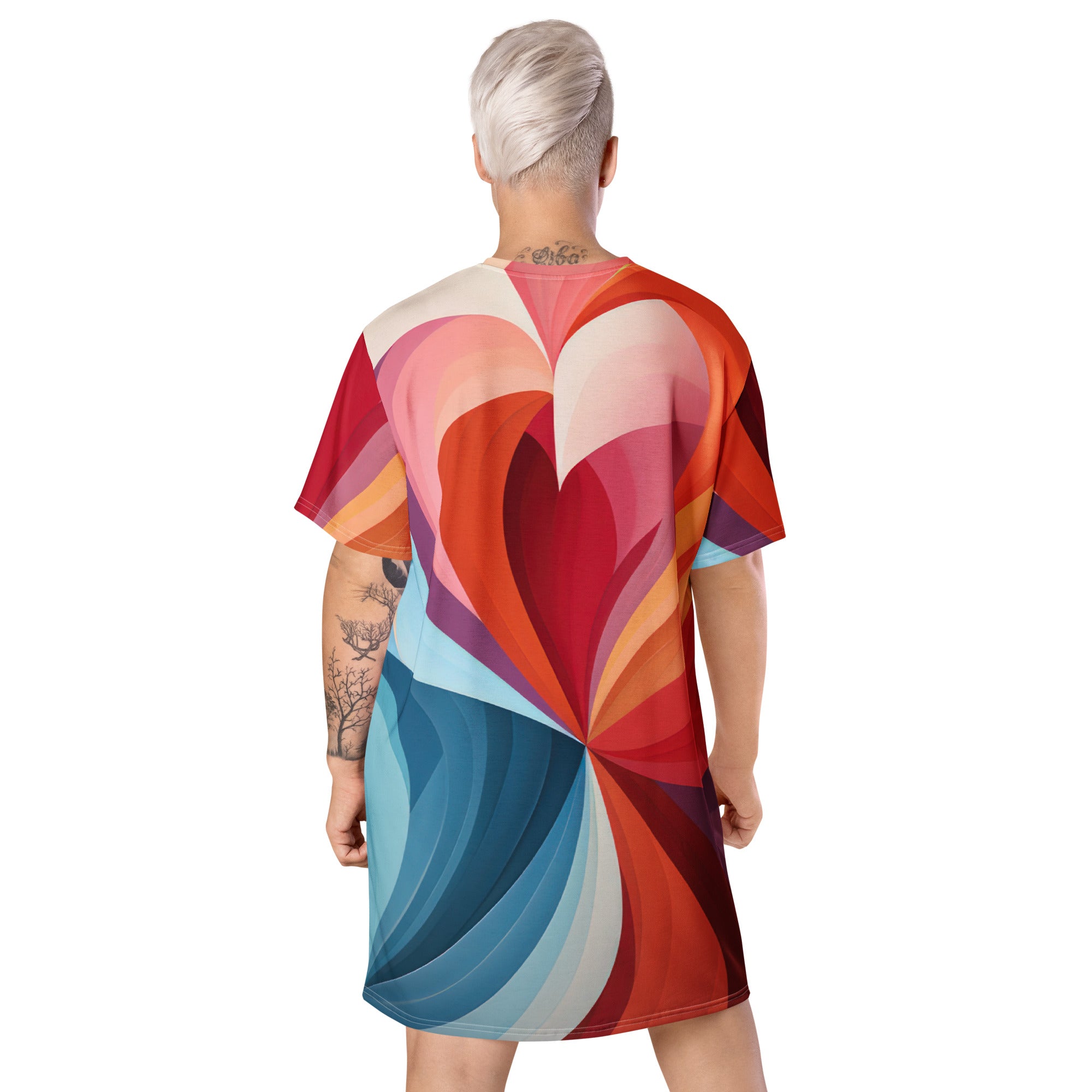 Womens Graphic T-shirt Dress featuring a vibrant multicolor heart print, showcasing its oversized fit and stylish design.