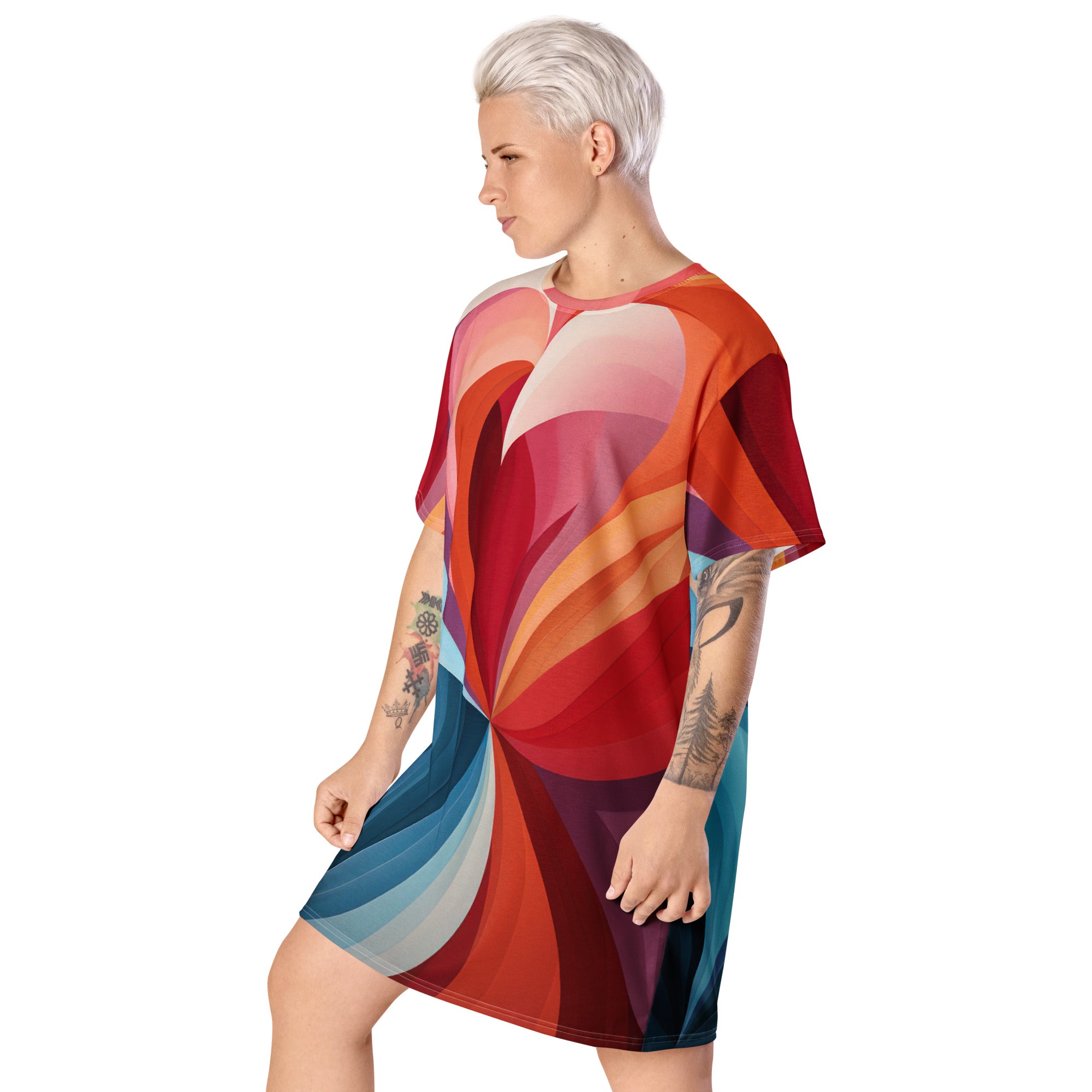 Womens Graphic T-shirt Dress featuring a vibrant multicolor heart print, showcasing its oversized fit and stylish design.