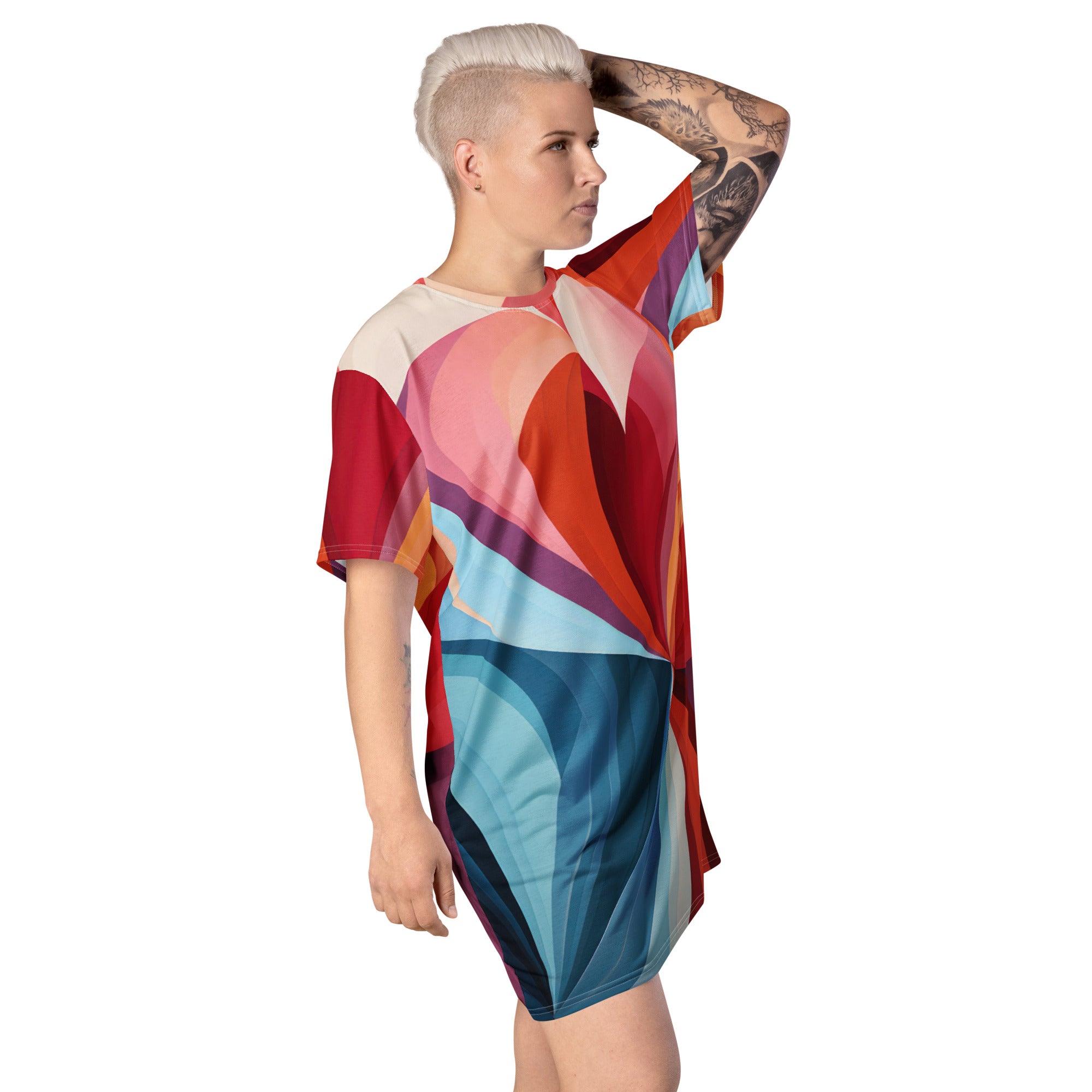 Womens Graphic T-shirt Dress featuring a vibrant multicolor heart print, showcasing its oversized fit and stylish design.