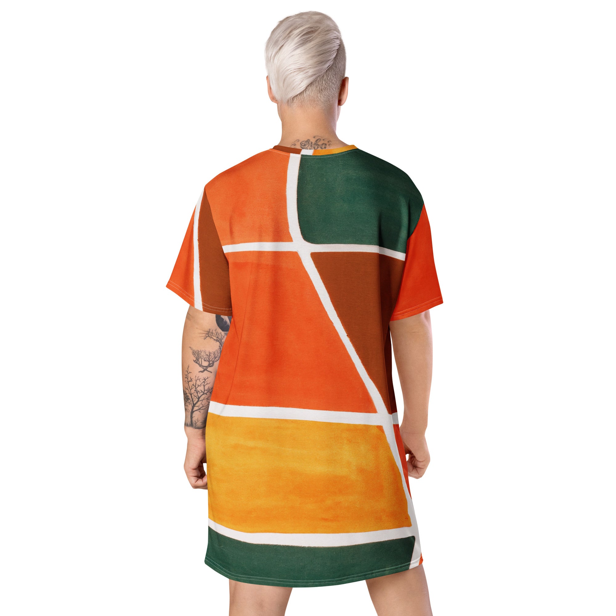 Womens Graphic T-shirt Dress featuring an orange and green boho pattern, showcasing its oversized fit and stylish design.