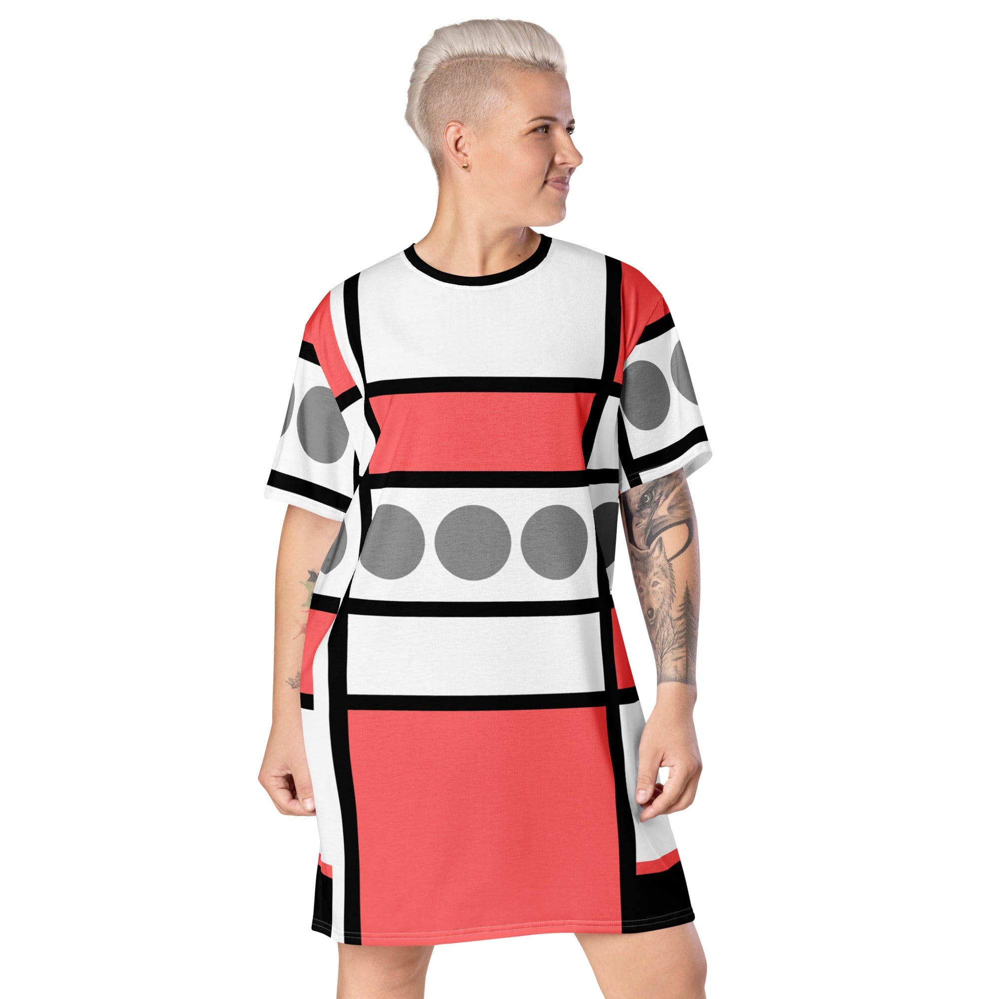 A stylish Women's Graphic T-shirt Dress in pale red print, featuring a comfortable oversized fit and unique graphic design, perfect for various occasions.