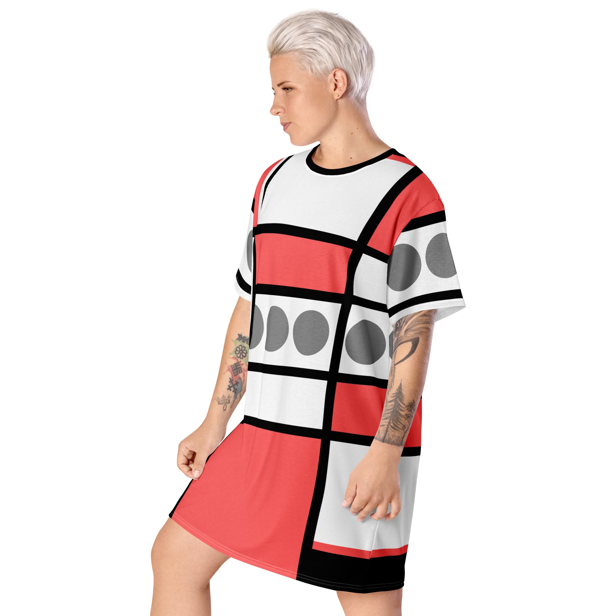 A stylish Women's Graphic T-shirt Dress in pale red print, featuring a comfortable oversized fit and unique graphic design, perfect for various occasions.