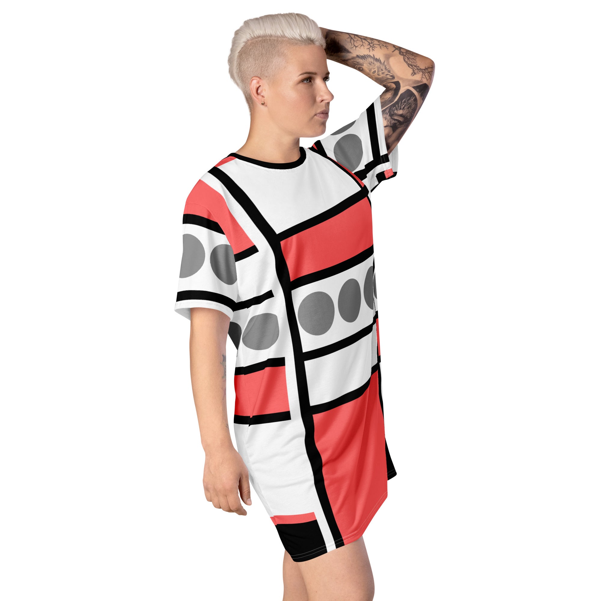 A stylish Women's Graphic T-shirt Dress in pale red print, featuring a comfortable oversized fit and unique graphic design, perfect for various occasions.