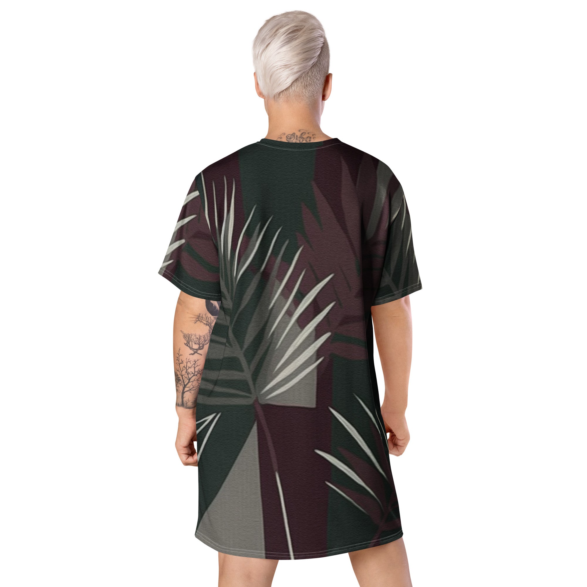 Womens Graphic T-shirt Dress featuring palm tree leaves design in maroon and green, showcasing a comfortable oversized fit.