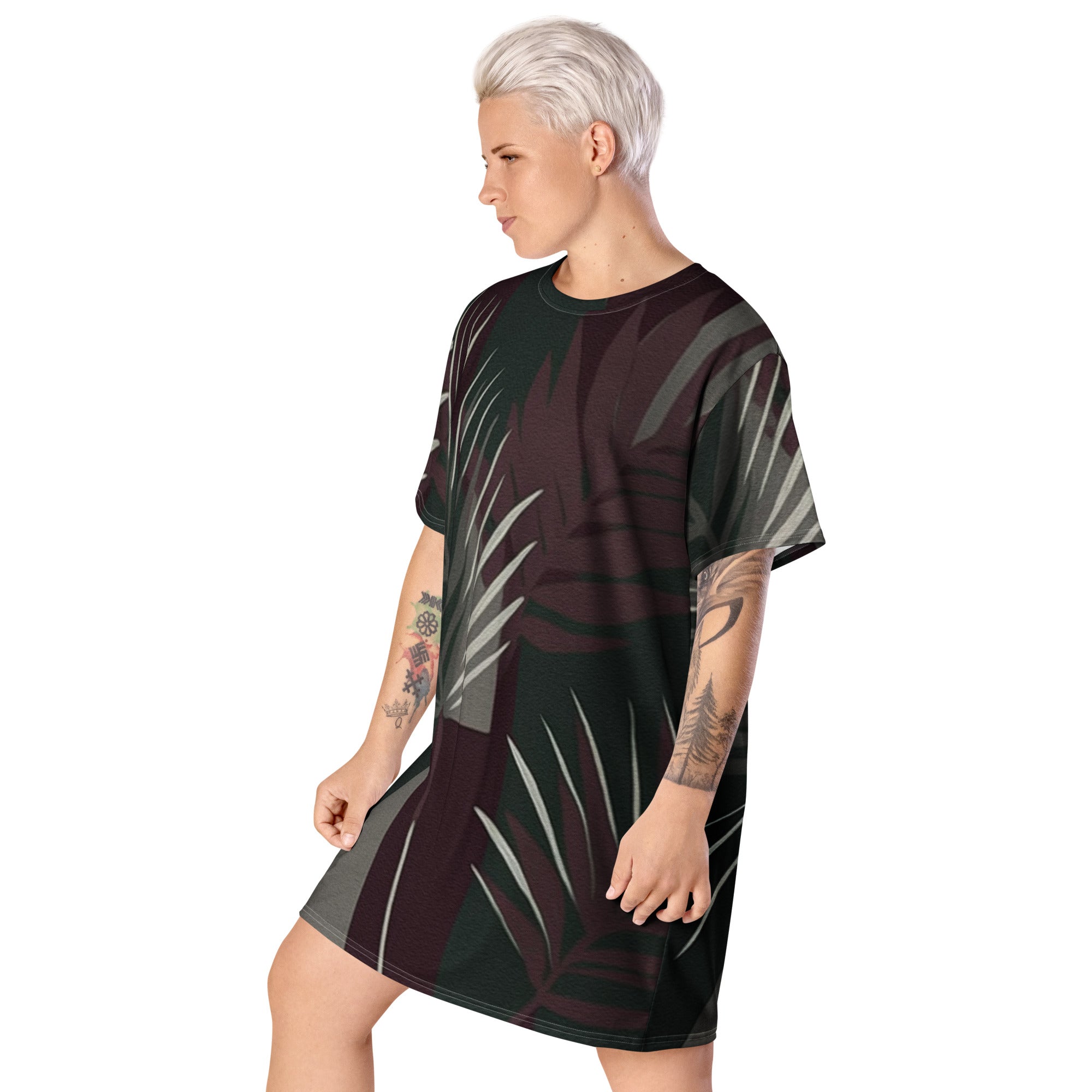 Womens Graphic T-shirt Dress featuring palm tree leaves design in maroon and green, showcasing a comfortable oversized fit.