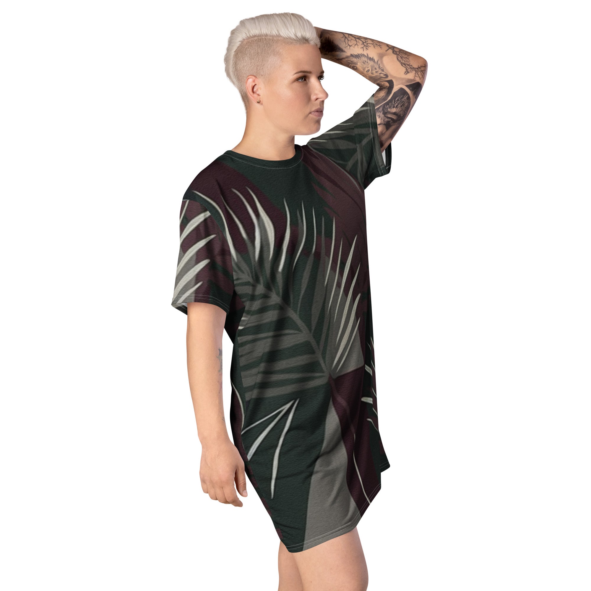 Womens Graphic T-shirt Dress featuring palm tree leaves design in maroon and green, showcasing a comfortable oversized fit.