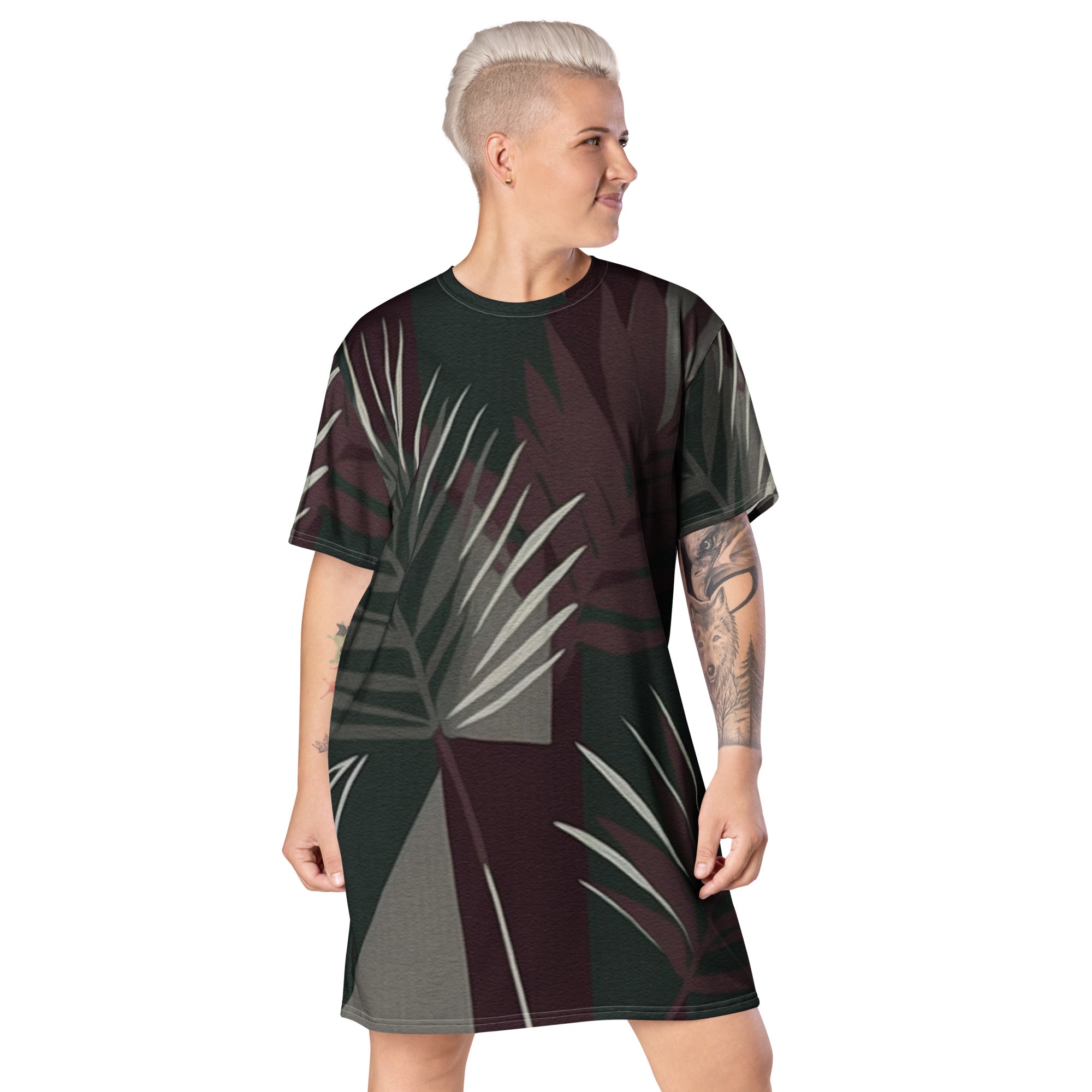 Womens Graphic T-shirt Dress featuring palm tree leaves design in maroon and green, showcasing a comfortable oversized fit.