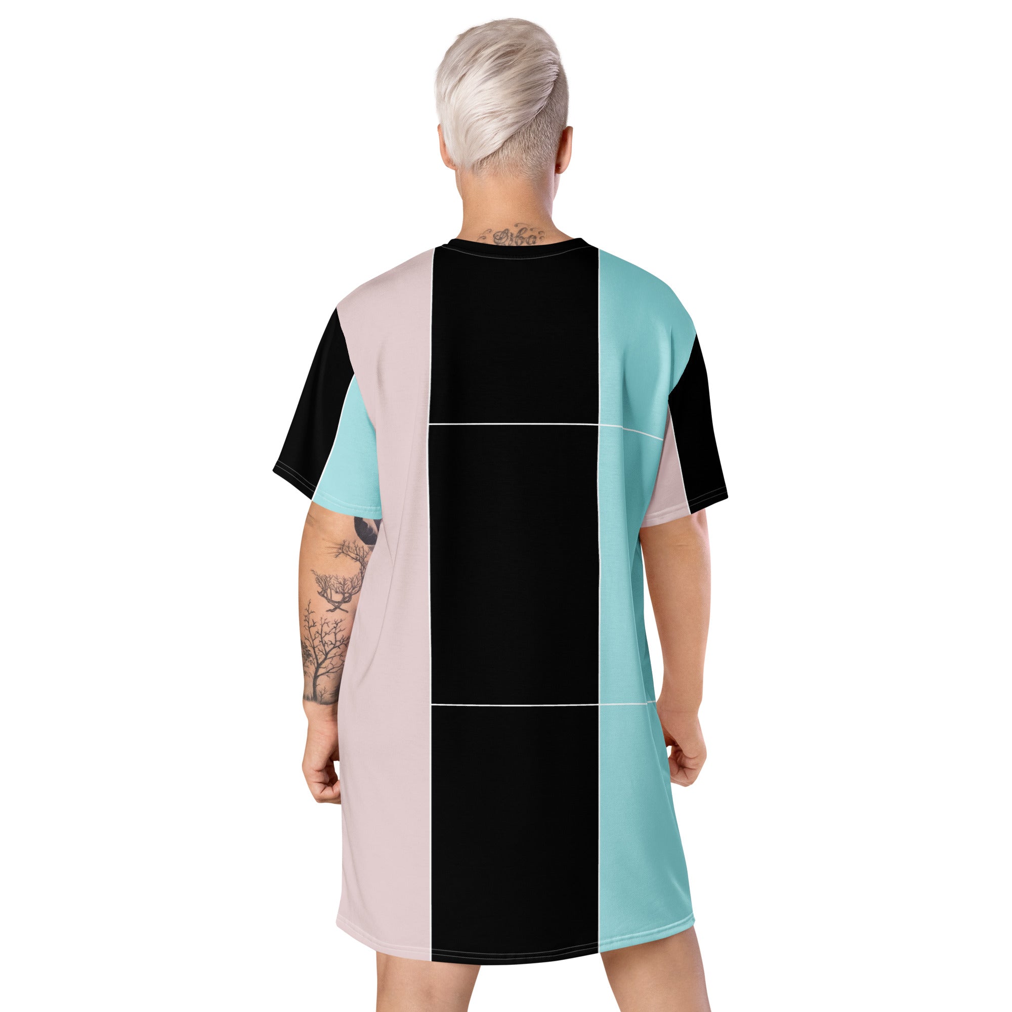 Womens Graphic T-shirt Dress featuring pastel pink, black, and blue colorblock lines, showcasing its oversized fit and stylish design.