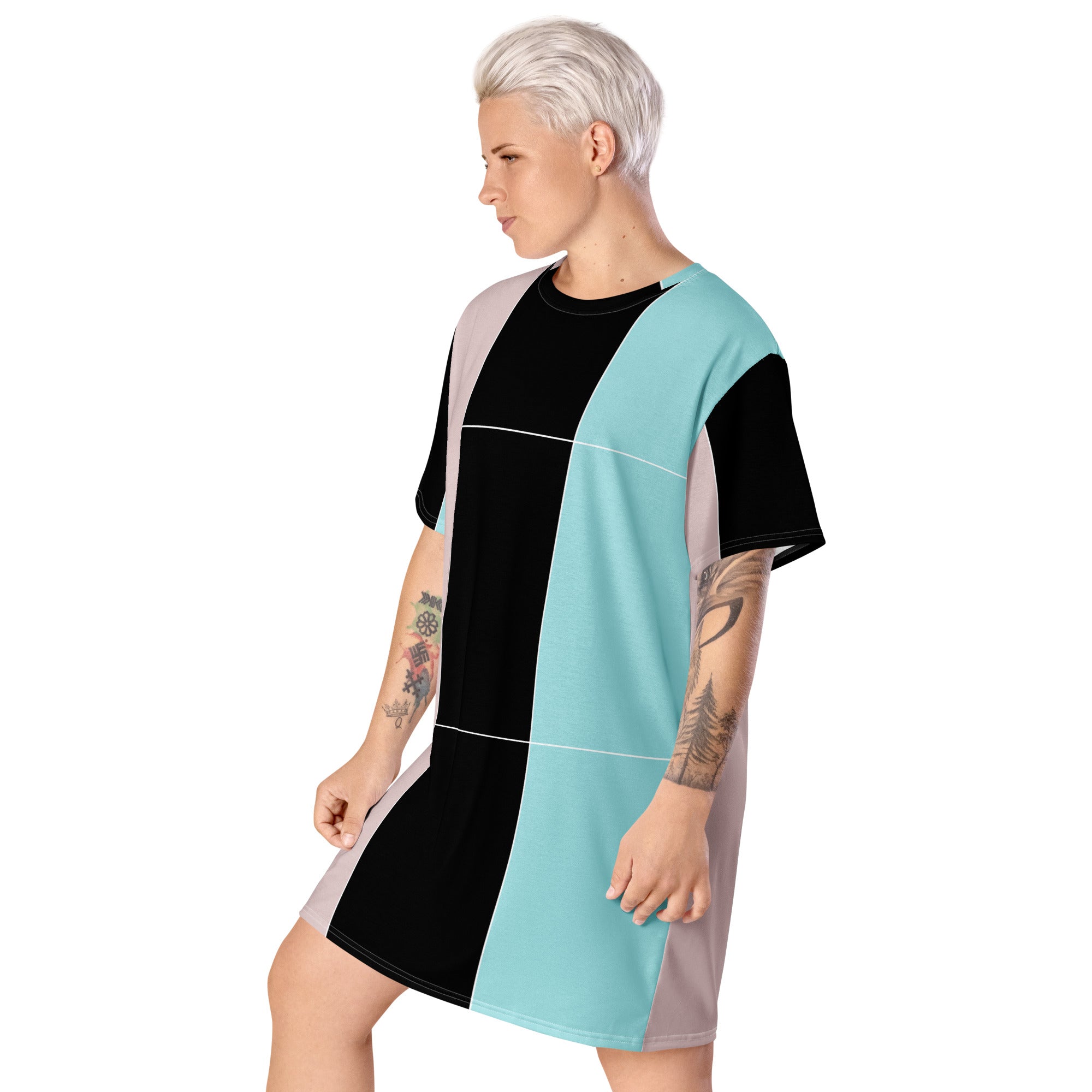 Womens Graphic T-shirt Dress featuring pastel pink, black, and blue colorblock lines, showcasing its oversized fit and stylish design.