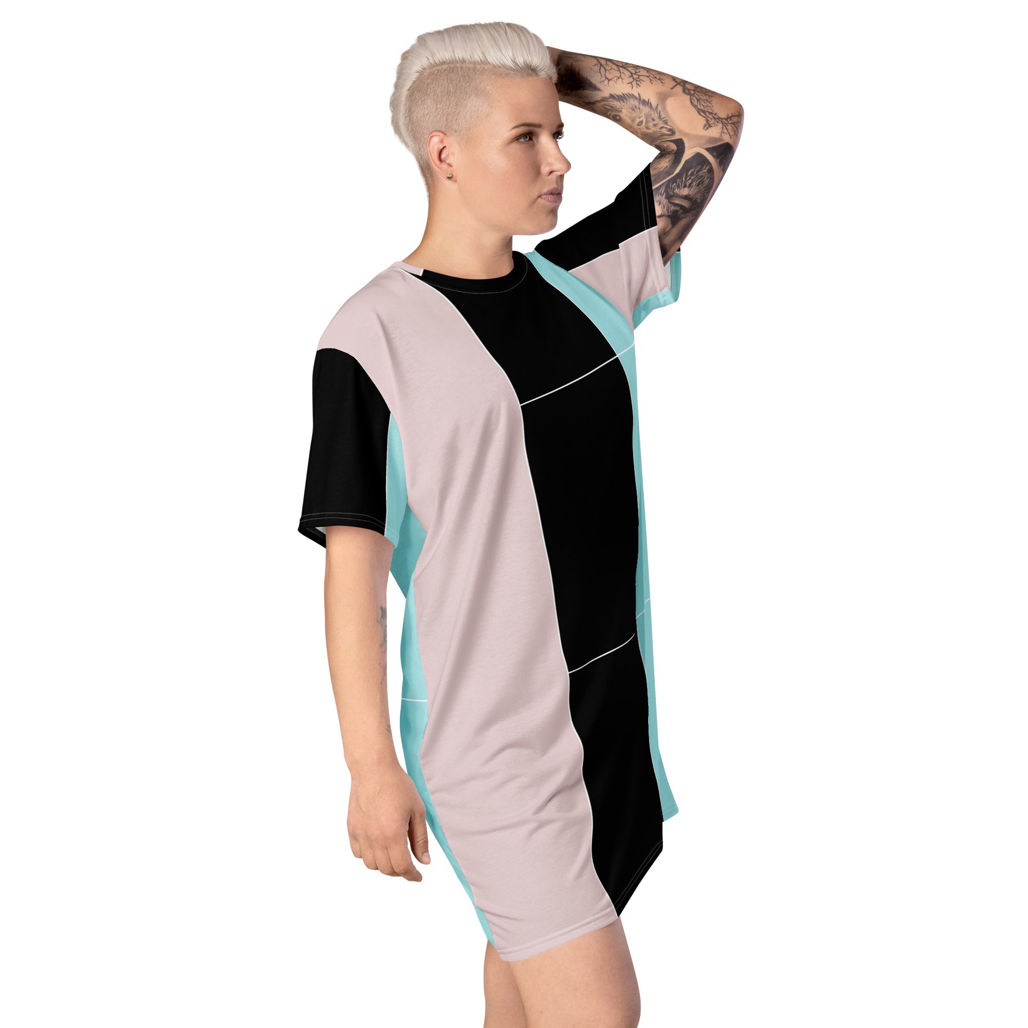 Womens Graphic T-shirt Dress featuring pastel pink, black, and blue colorblock lines, showcasing its oversized fit and stylish design.