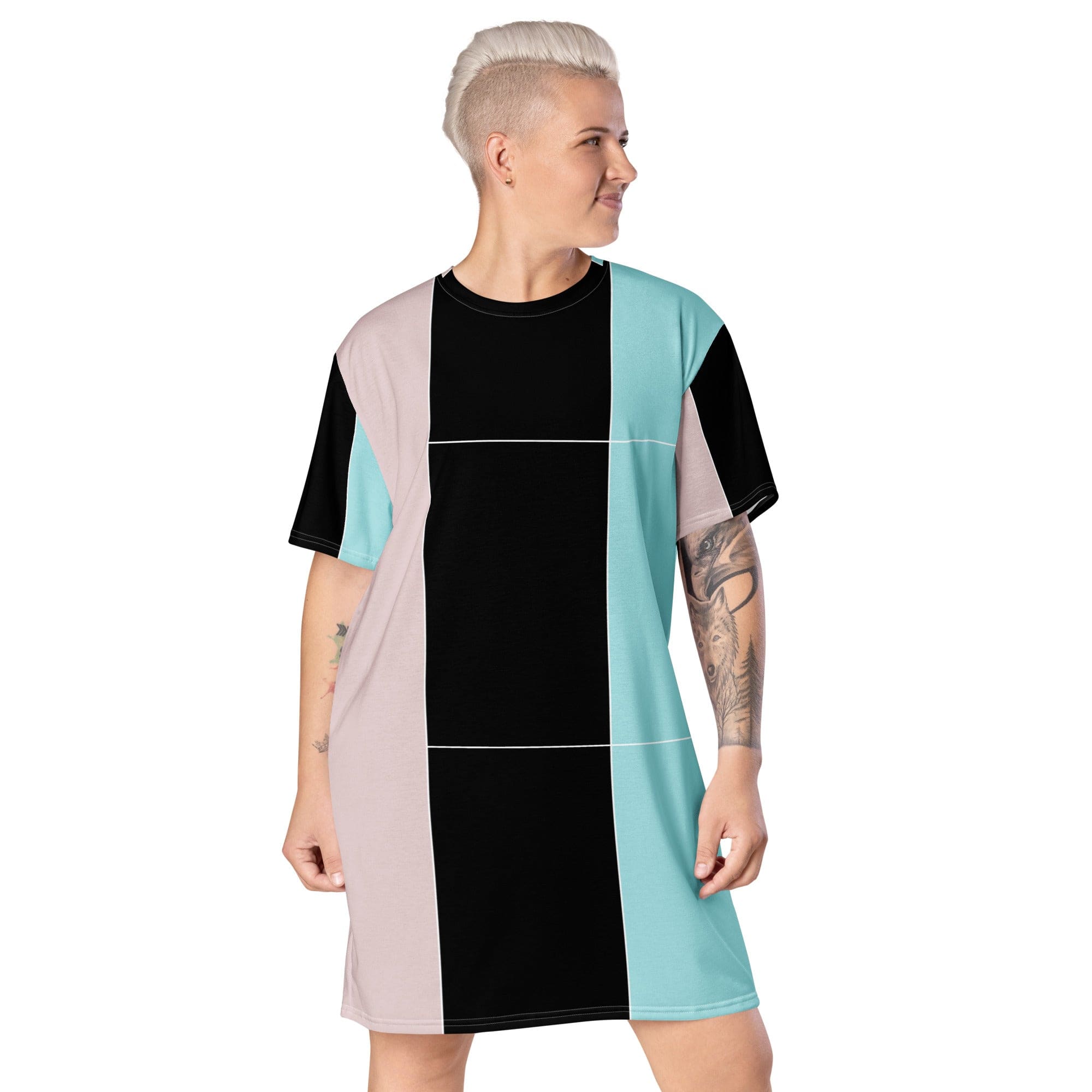 Womens Graphic T-shirt Dress featuring pastel pink, black, and blue colorblock lines, showcasing its oversized fit and stylish design.