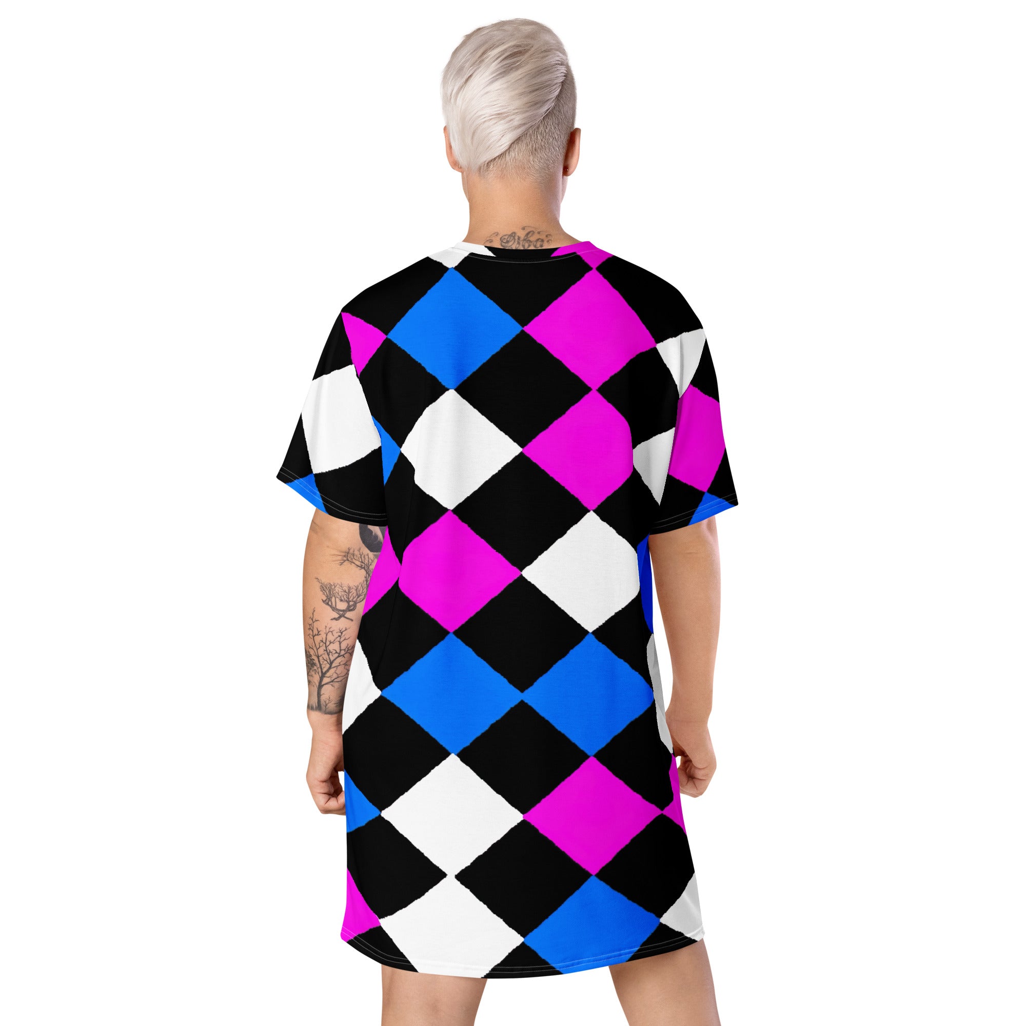 Womens Graphic T-shirt Dress featuring a pink blue checkered pattern, showcasing its oversized fit and stylish design.