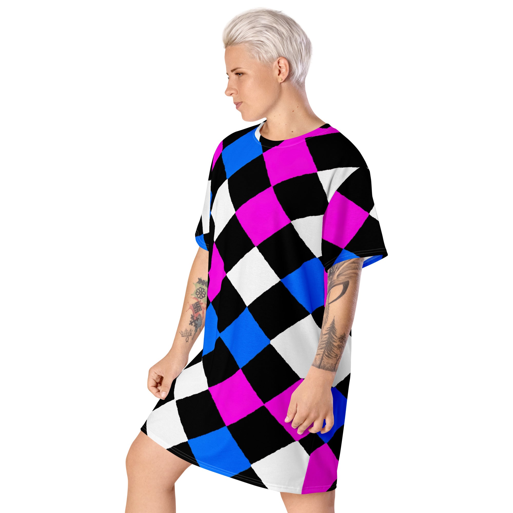 Womens Graphic T-shirt Dress featuring a pink blue checkered pattern, showcasing its oversized fit and stylish design.