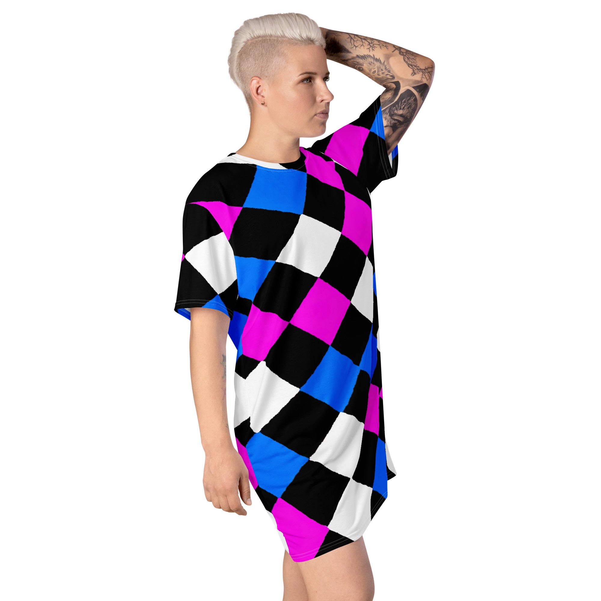 Womens Graphic T-shirt Dress featuring a pink blue checkered pattern, showcasing its oversized fit and stylish design.