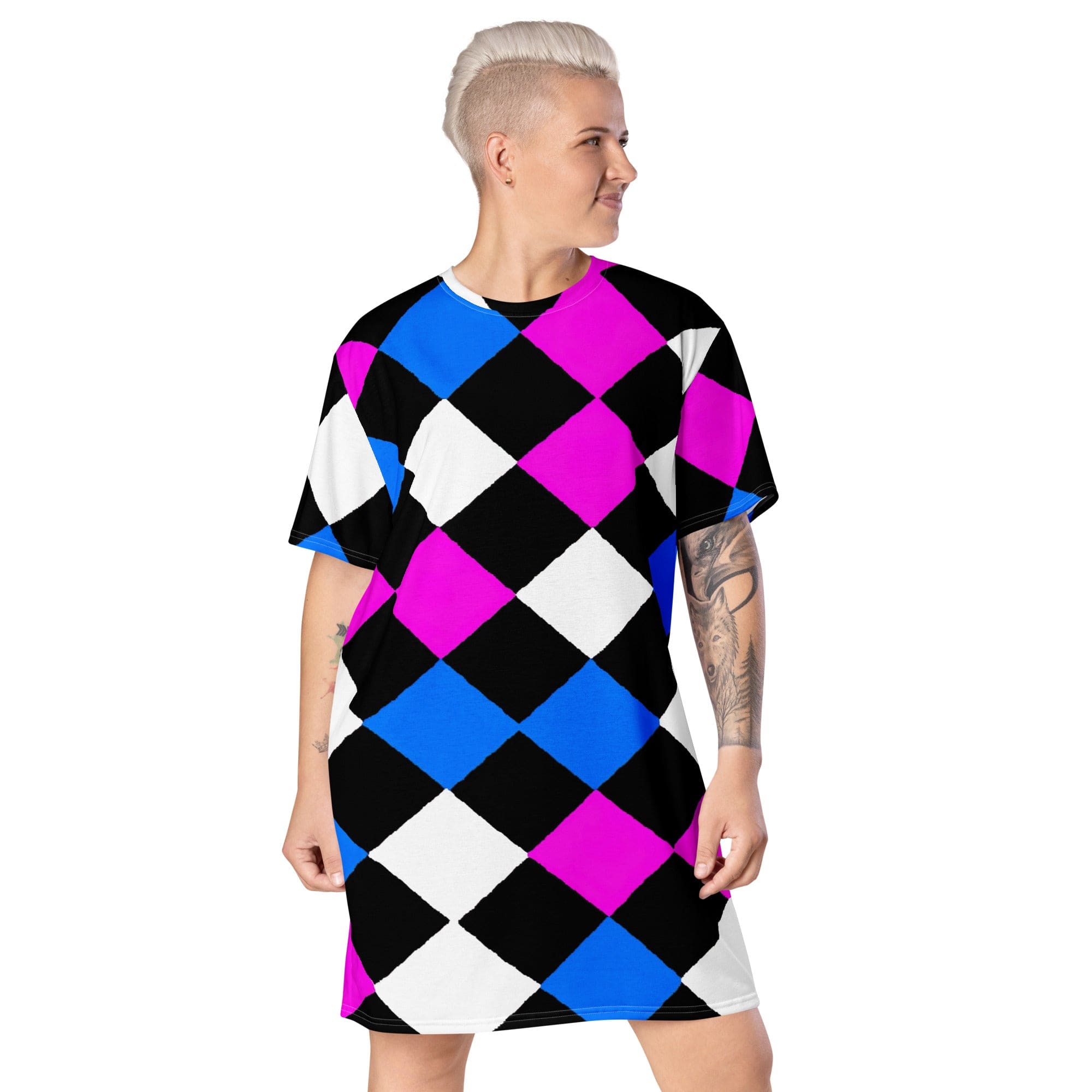 Womens Graphic T-shirt Dress featuring a pink blue checkered pattern, showcasing its oversized fit and stylish design.