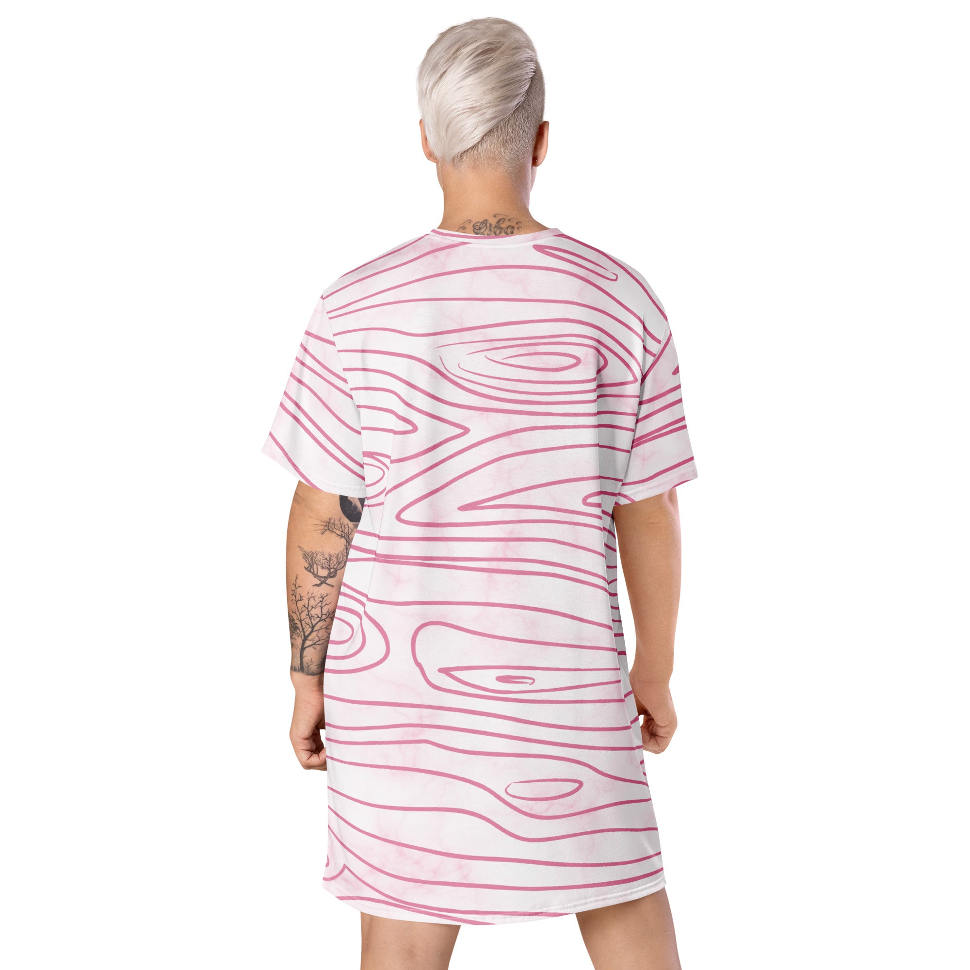 Womens Graphic T-shirt Dress in pink featuring a line art sketch print, showcasing its oversized fit and stylish design.