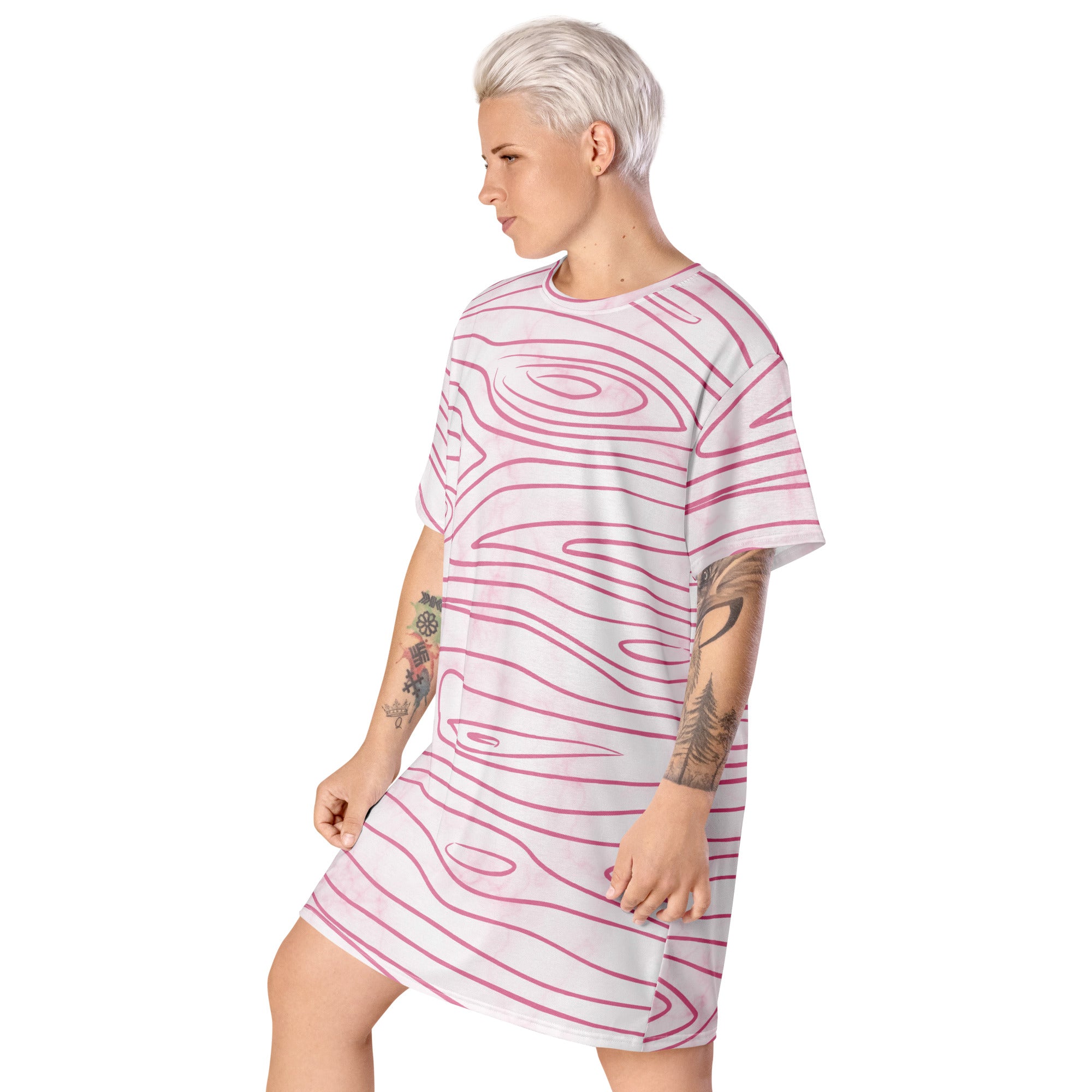 Womens Graphic T-shirt Dress in pink featuring a line art sketch print, showcasing its oversized fit and stylish design.