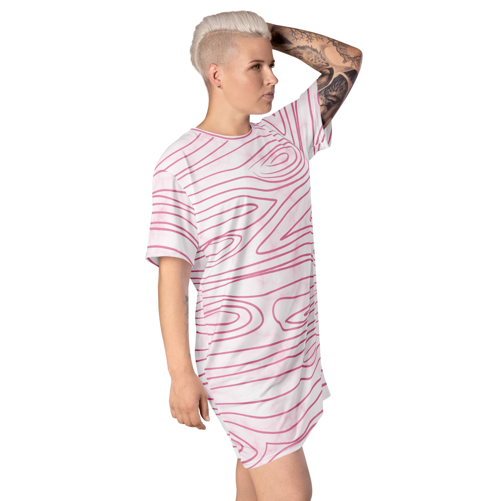 Womens Graphic T-shirt Dress in pink featuring a line art sketch print, showcasing its oversized fit and stylish design.