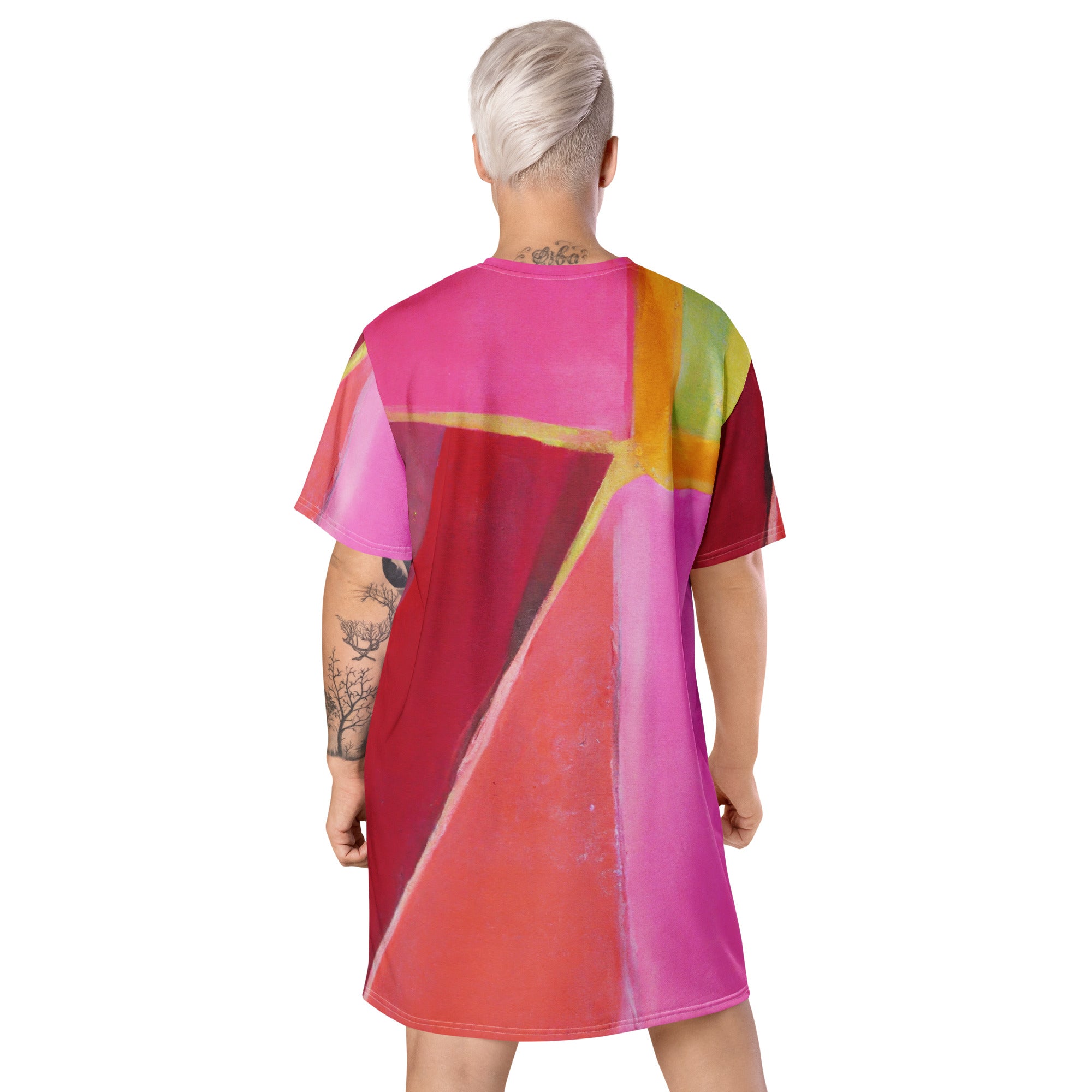 Womens Graphic T-shirt Dress in Pink Mauve Red featuring a geometric pattern, showcasing its oversized fit and stylish design.