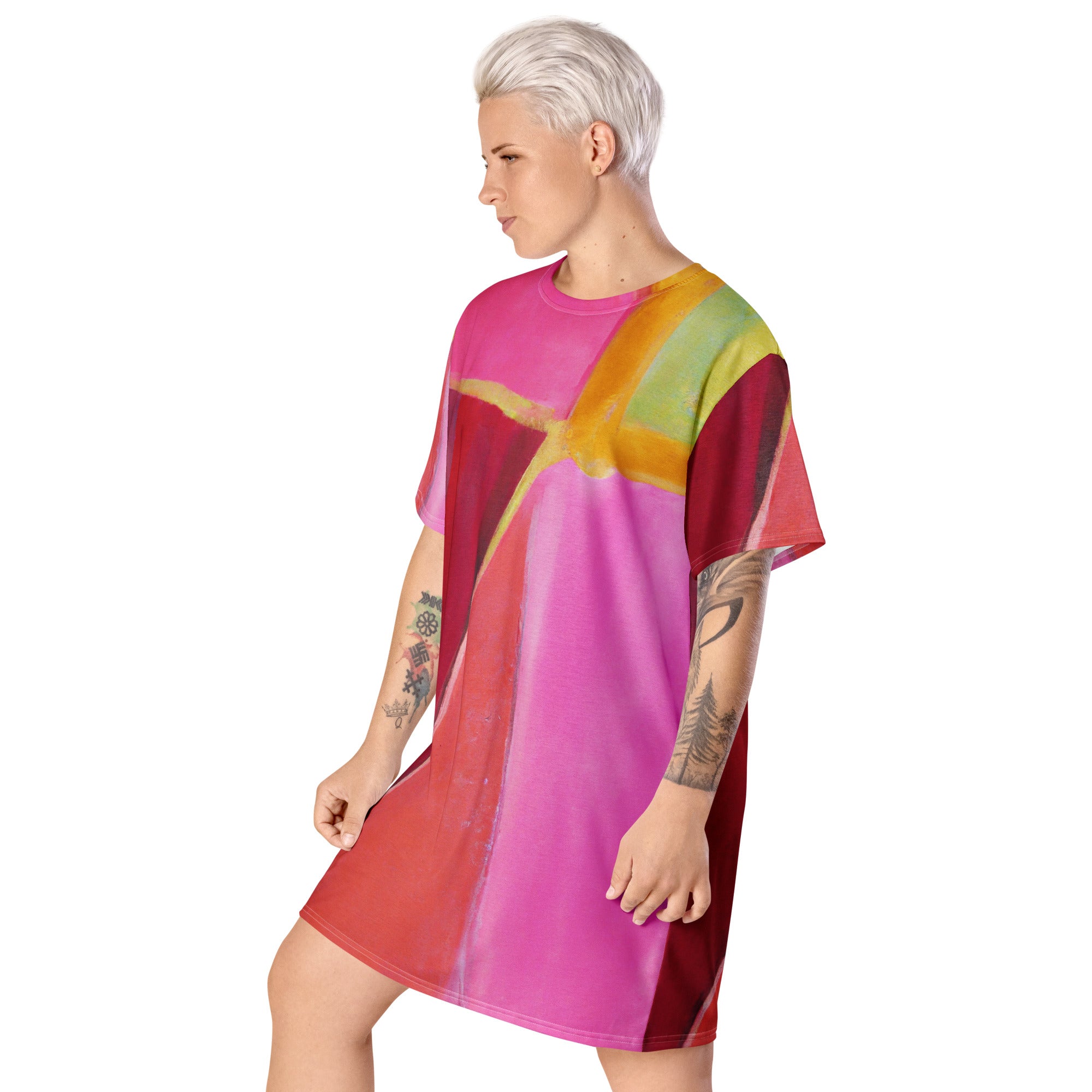 Womens Graphic T-shirt Dress in Pink Mauve Red featuring a geometric pattern, showcasing its oversized fit and stylish design.