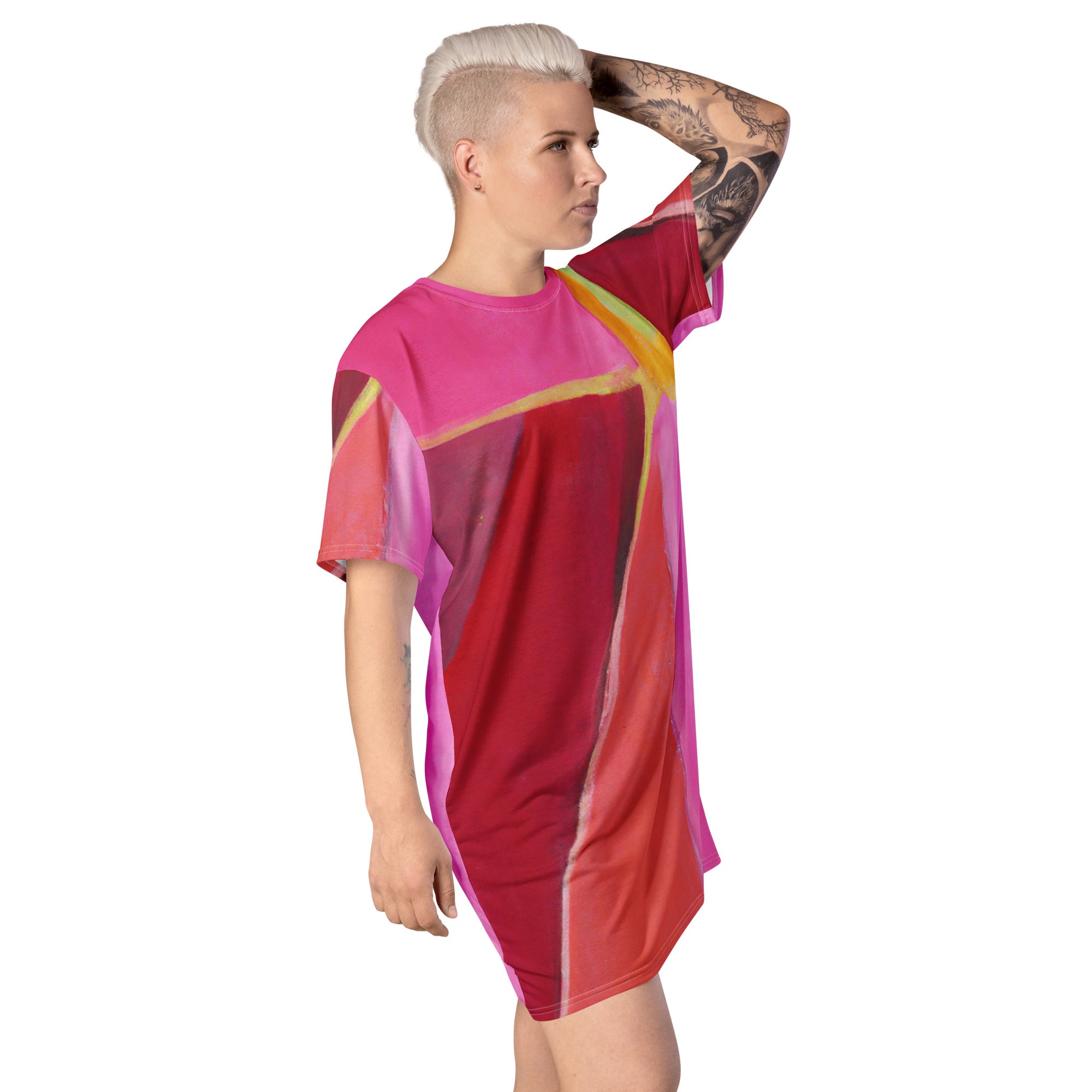 Womens Graphic T-shirt Dress in Pink Mauve Red featuring a geometric pattern, showcasing its oversized fit and stylish design.