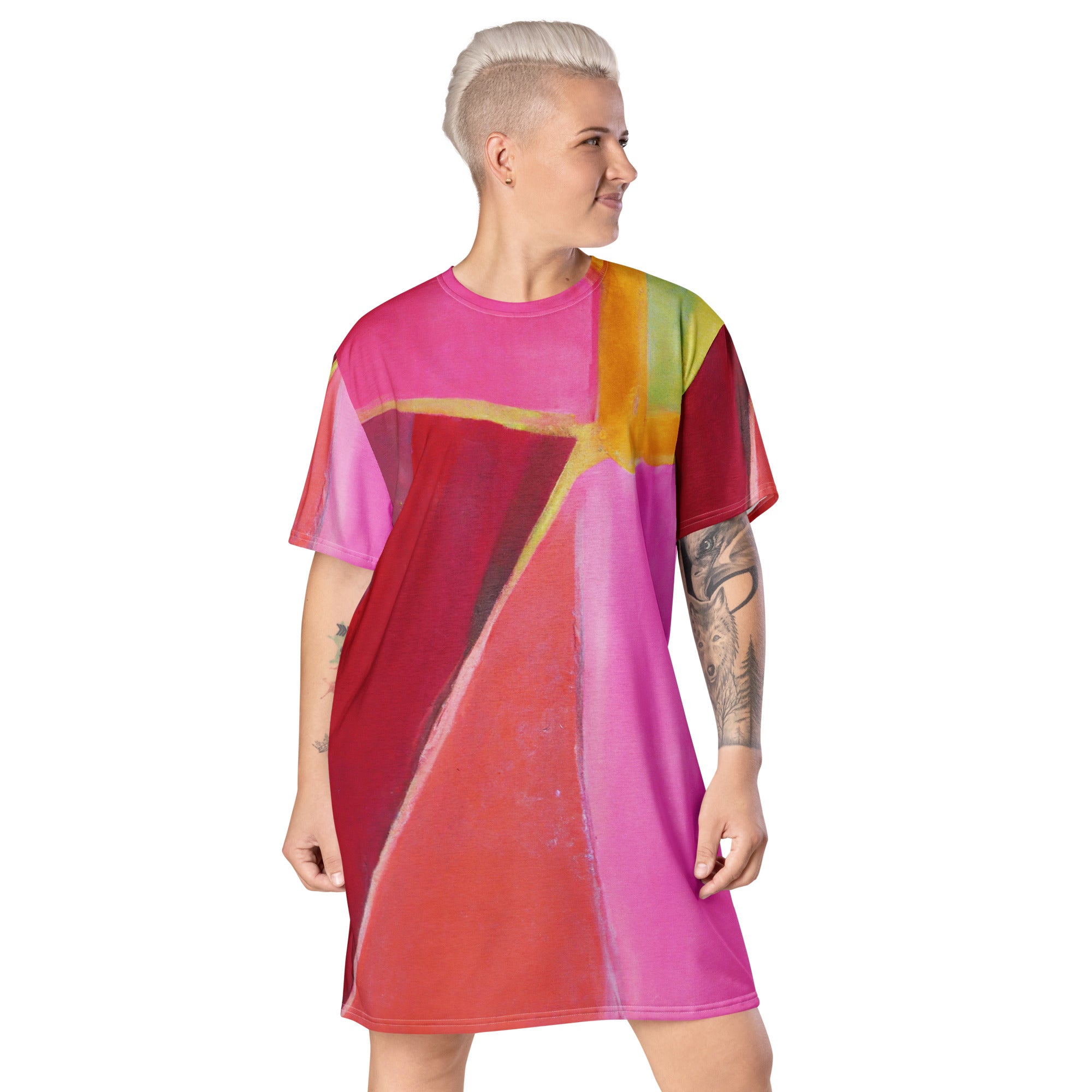 Womens Graphic T-shirt Dress in Pink Mauve Red featuring a geometric pattern, showcasing its oversized fit and stylish design.