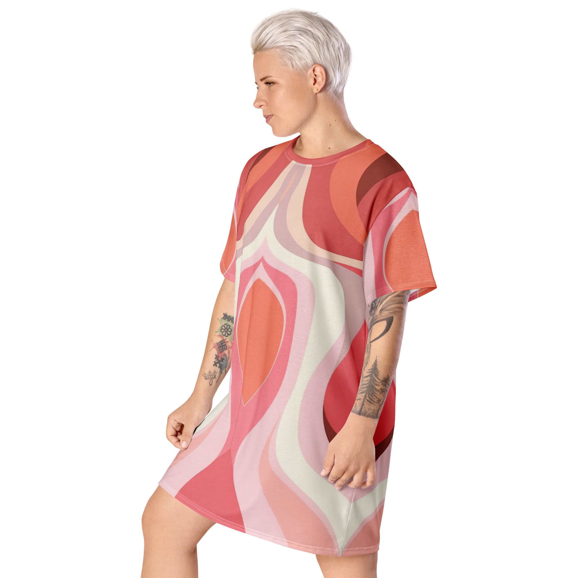 Womens Graphic T-shirt Dress in pink and white with boho swirl lines pattern, showcasing its oversized fit and stylish design.