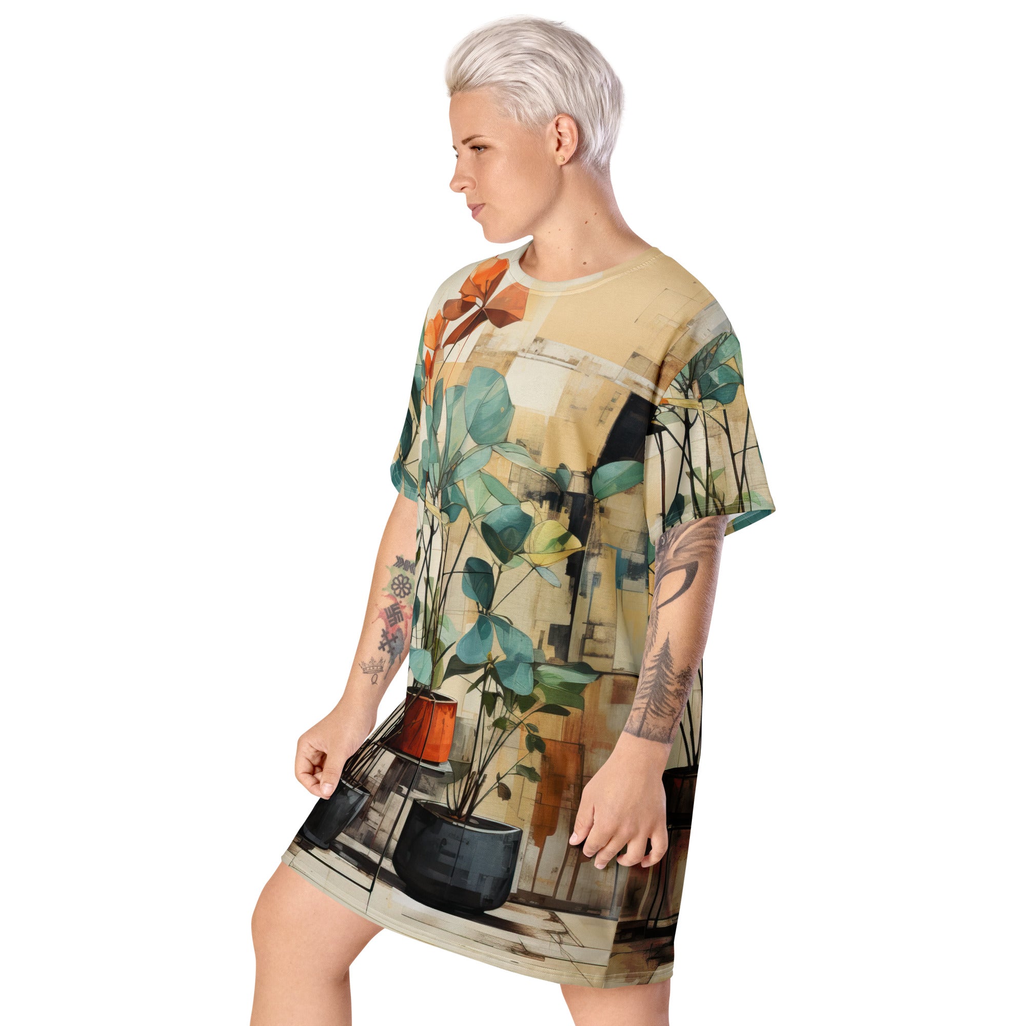 Womens Graphic T-shirt Dress featuring rustic botanical plants design, showcasing its oversized fit and stylish look.