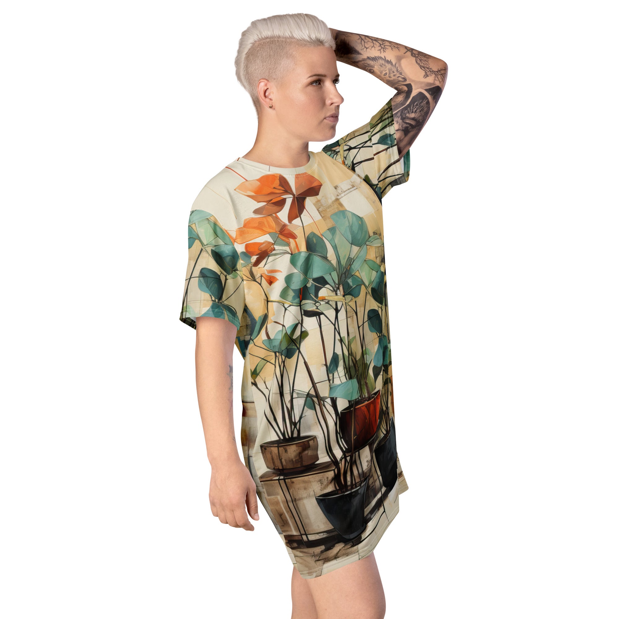 Womens Graphic T-shirt Dress featuring rustic botanical plants design, showcasing its oversized fit and stylish look.