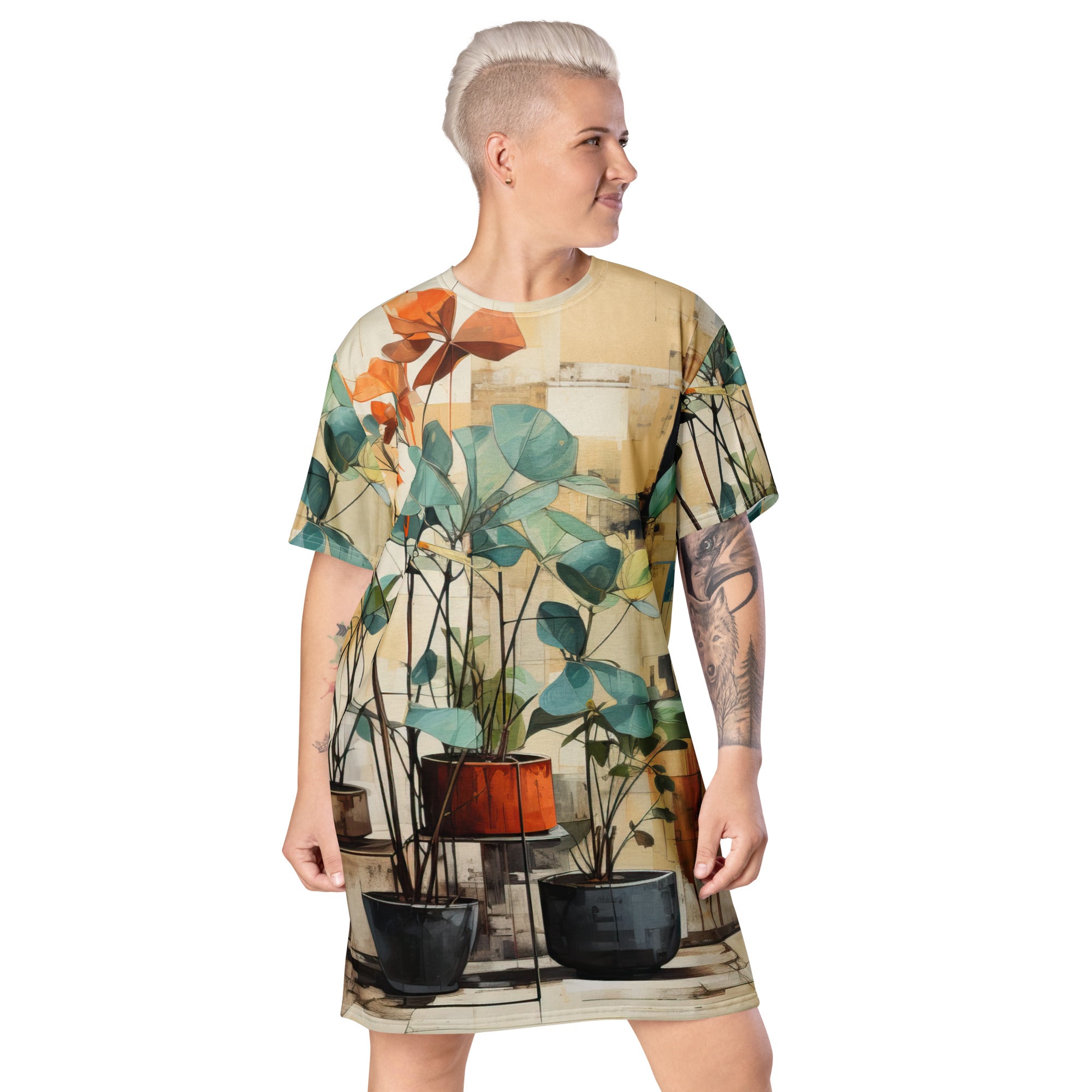 Womens Graphic T-shirt Dress featuring rustic botanical plants design, showcasing its oversized fit and stylish look.