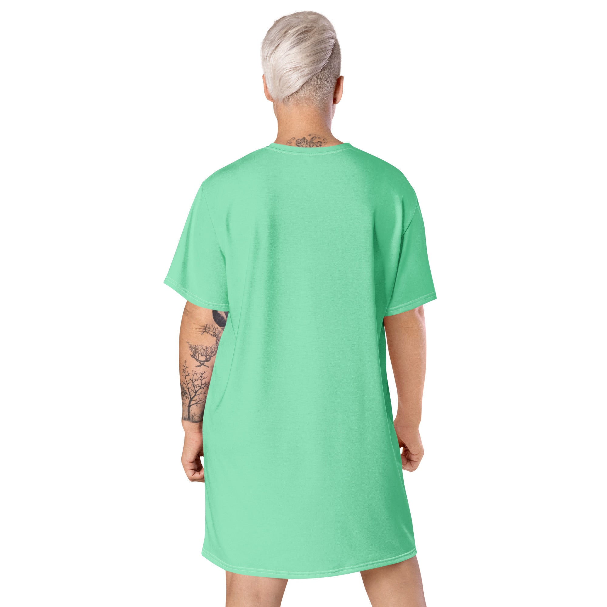 Womens Graphic T-shirt Dress in Seafoam Green, showcasing its oversized fit and stylish design, perfect for various occasions.