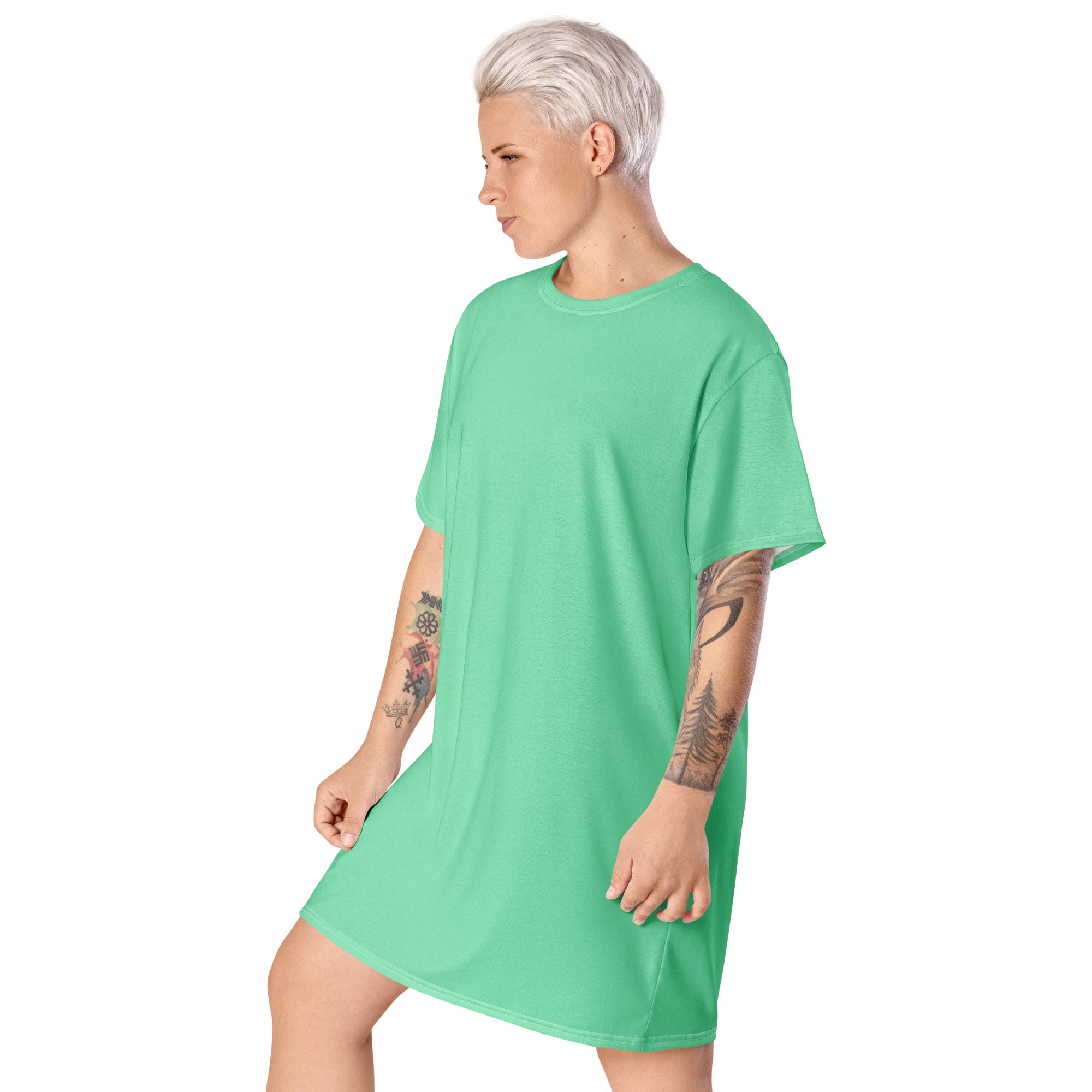 Womens Graphic T-shirt Dress in Seafoam Green, showcasing its oversized fit and stylish design, perfect for various occasions.