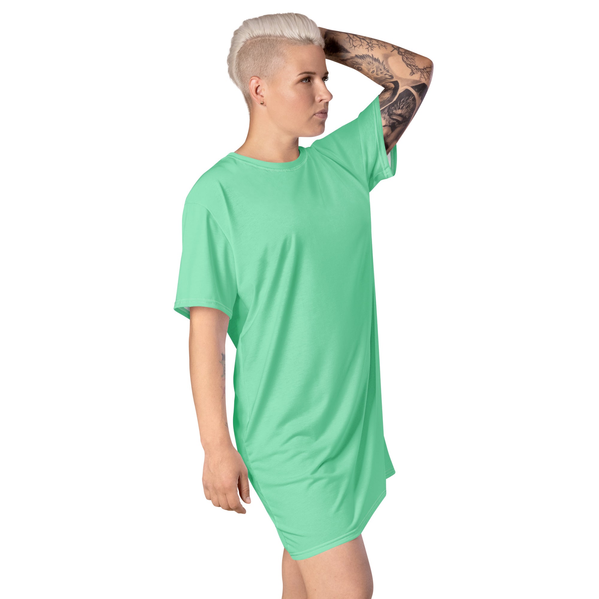 Womens Graphic T-shirt Dress in Seafoam Green, showcasing its oversized fit and stylish design, perfect for various occasions.