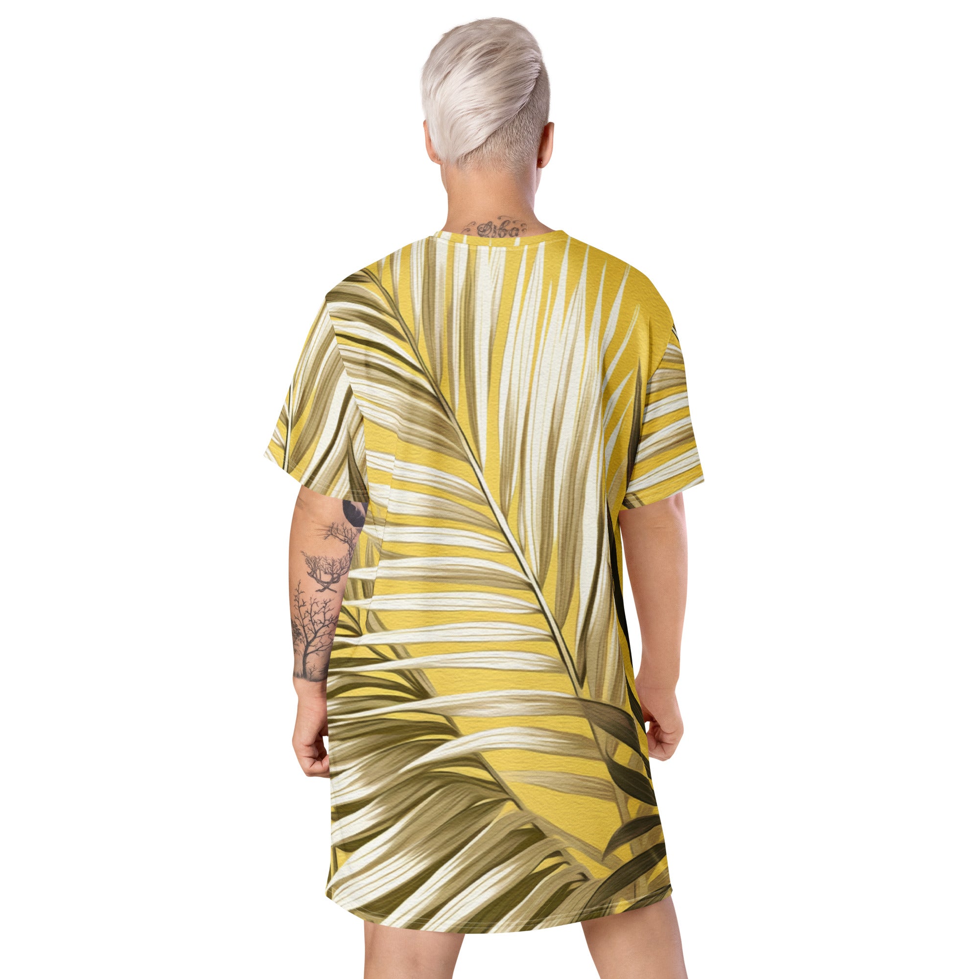 Womens Graphic T-shirt Dress featuring white and brown palm leaves design, showcasing its oversized fit and stylish look.