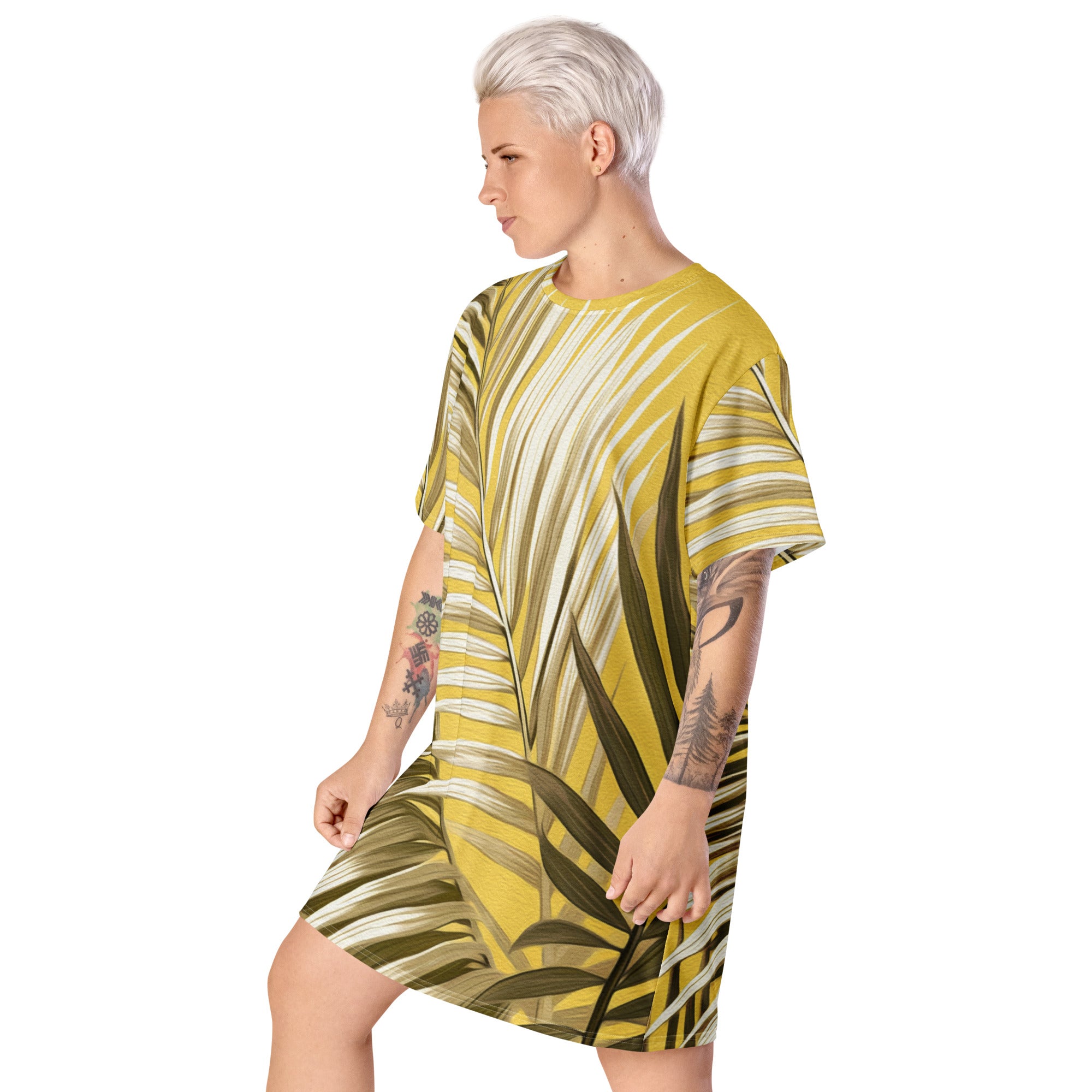 Womens Graphic T-shirt Dress featuring white and brown palm leaves design, showcasing its oversized fit and stylish look.