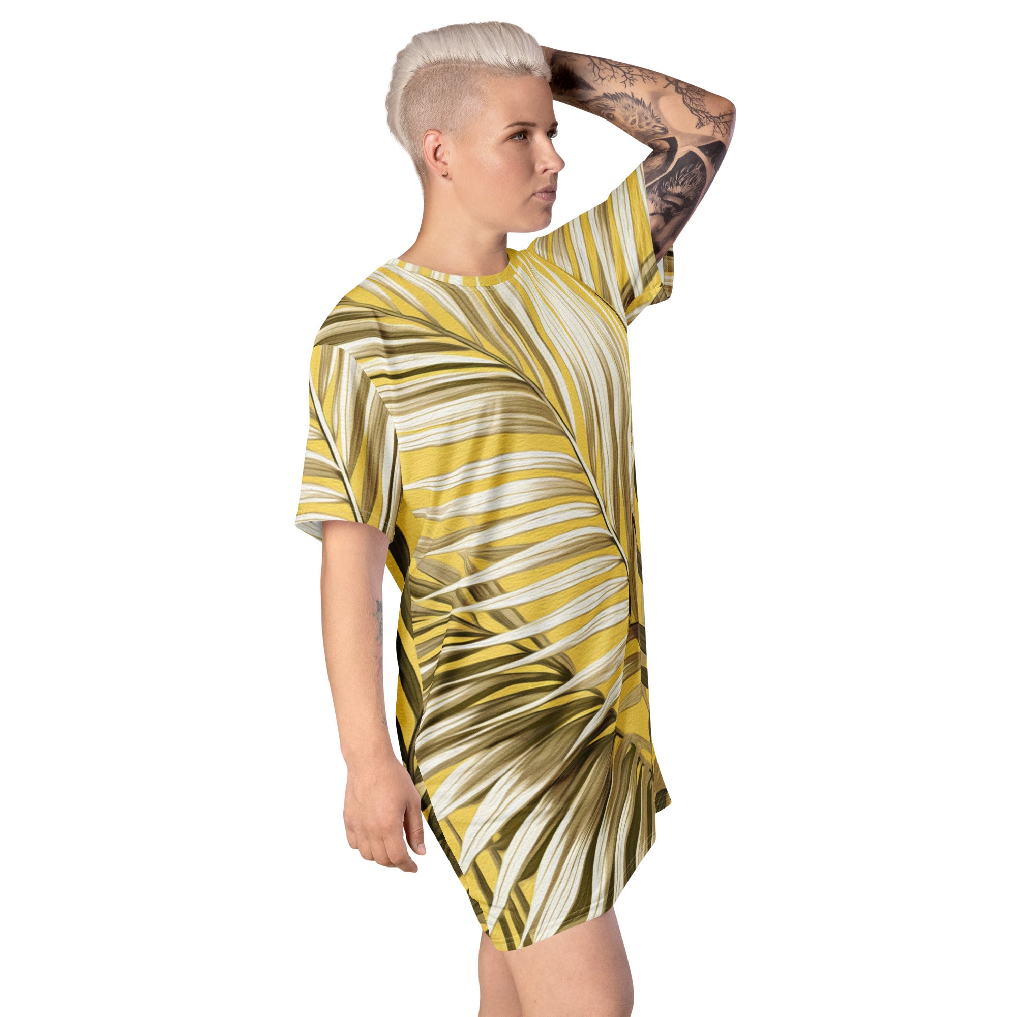 Womens Graphic T-shirt Dress featuring white and brown palm leaves design, showcasing its oversized fit and stylish look.