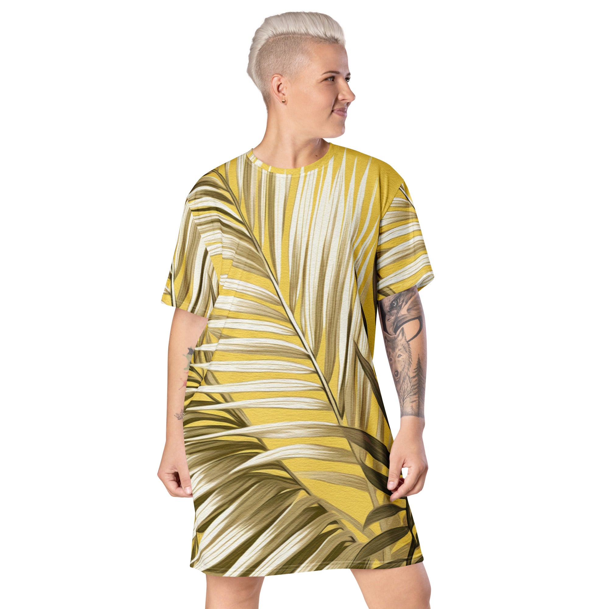 Womens Graphic T-shirt Dress featuring white and brown palm leaves design, showcasing its oversized fit and stylish look.