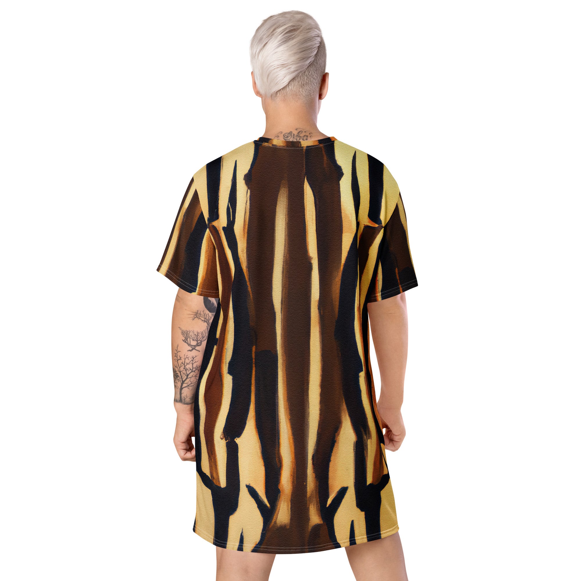 Womens Graphic T-shirt Dress featuring Zorse Lines Print, showcasing a stylish geometric design and comfortable oversized fit.