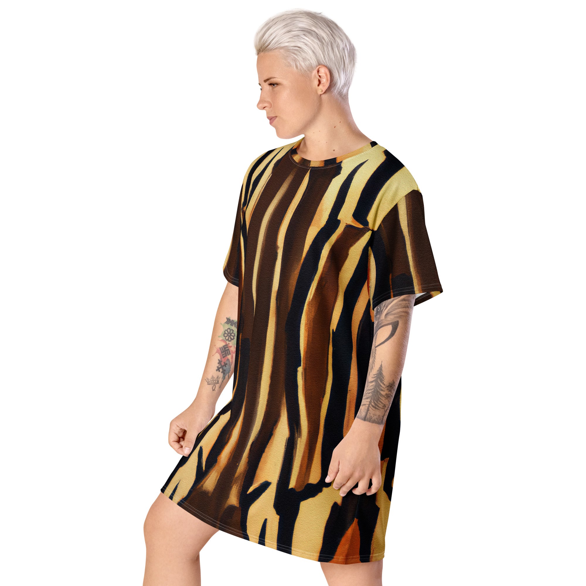 Womens Graphic T-shirt Dress featuring Zorse Lines Print, showcasing a stylish geometric design and comfortable oversized fit.