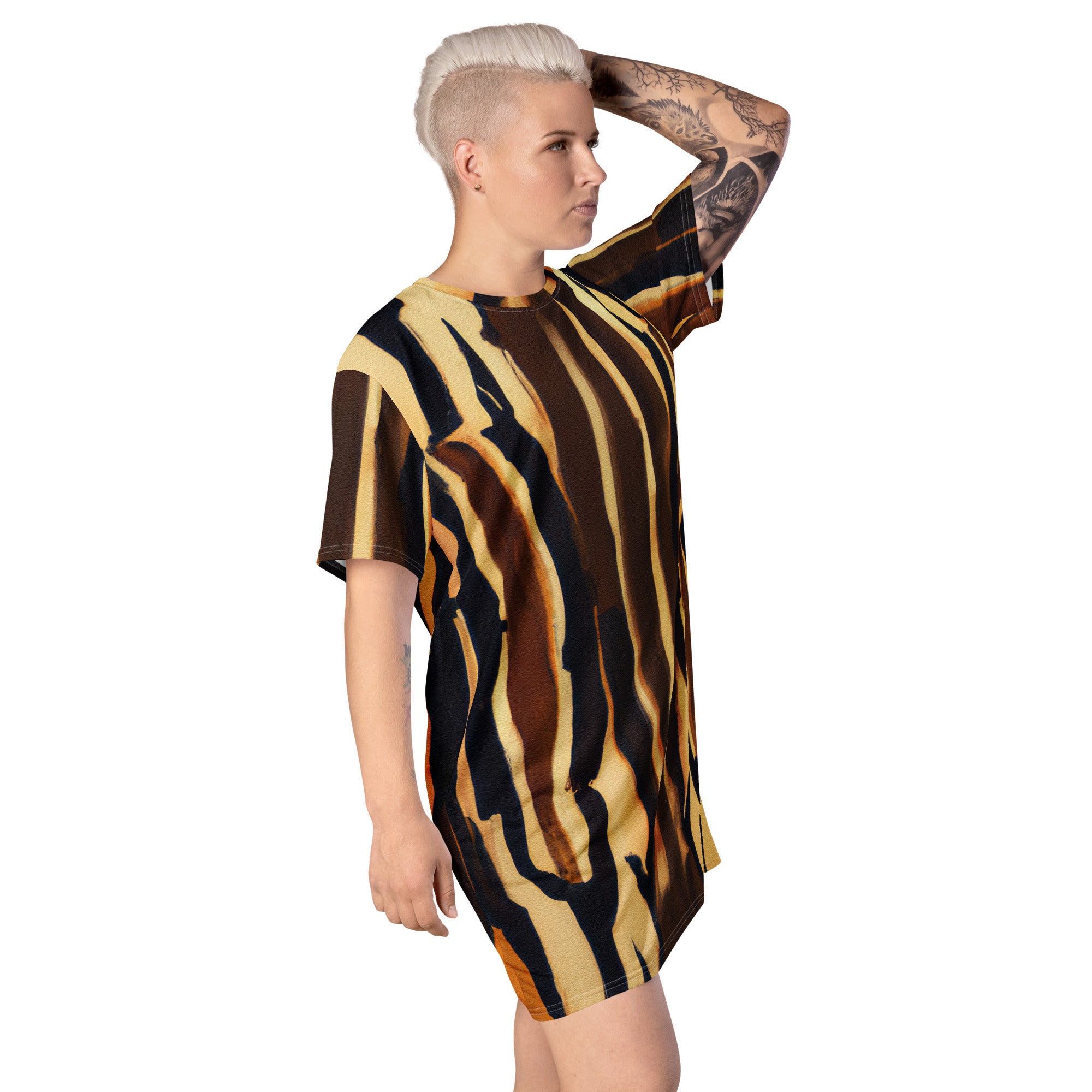 Womens Graphic T-shirt Dress featuring Zorse Lines Print, showcasing a stylish geometric design and comfortable oversized fit.