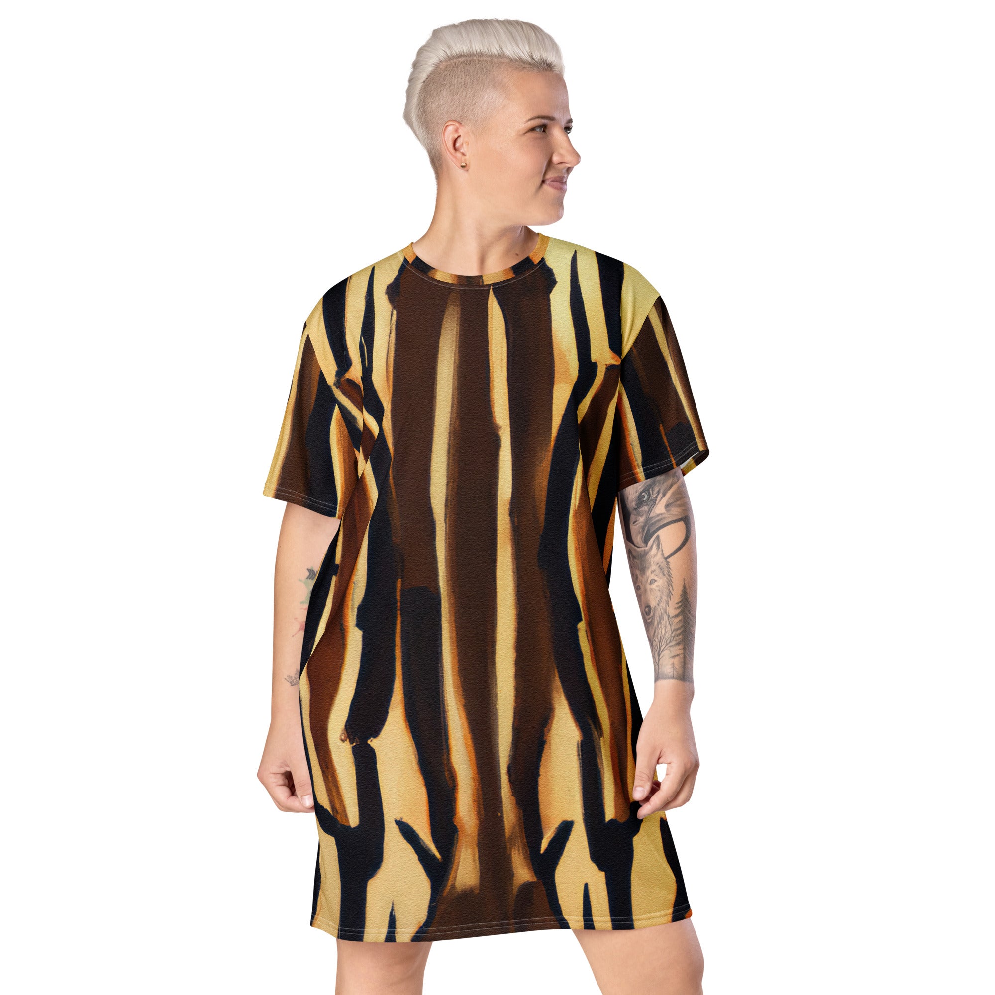 Womens Graphic T-shirt Dress featuring Zorse Lines Print, showcasing a stylish geometric design and comfortable oversized fit.