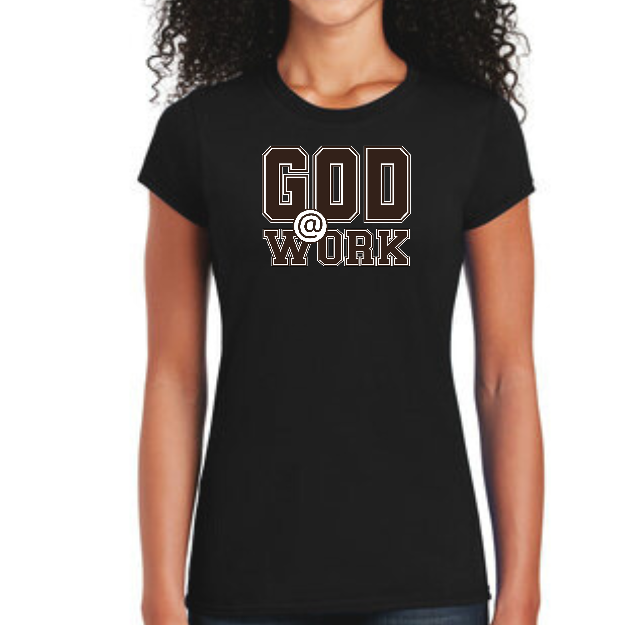 Women's fitted graphic t-shirt featuring God @ Work brown and white print, showcasing artistic design and comfortable fit.