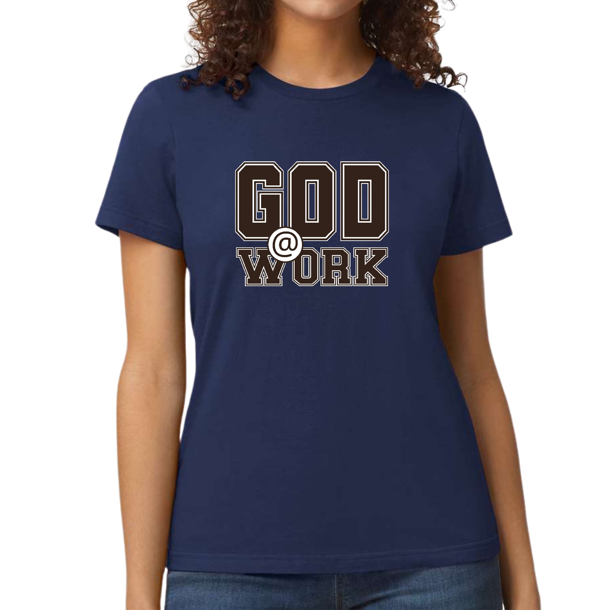 Women's fitted graphic t-shirt featuring God @ Work brown and white print, showcasing artistic design and comfortable fit.