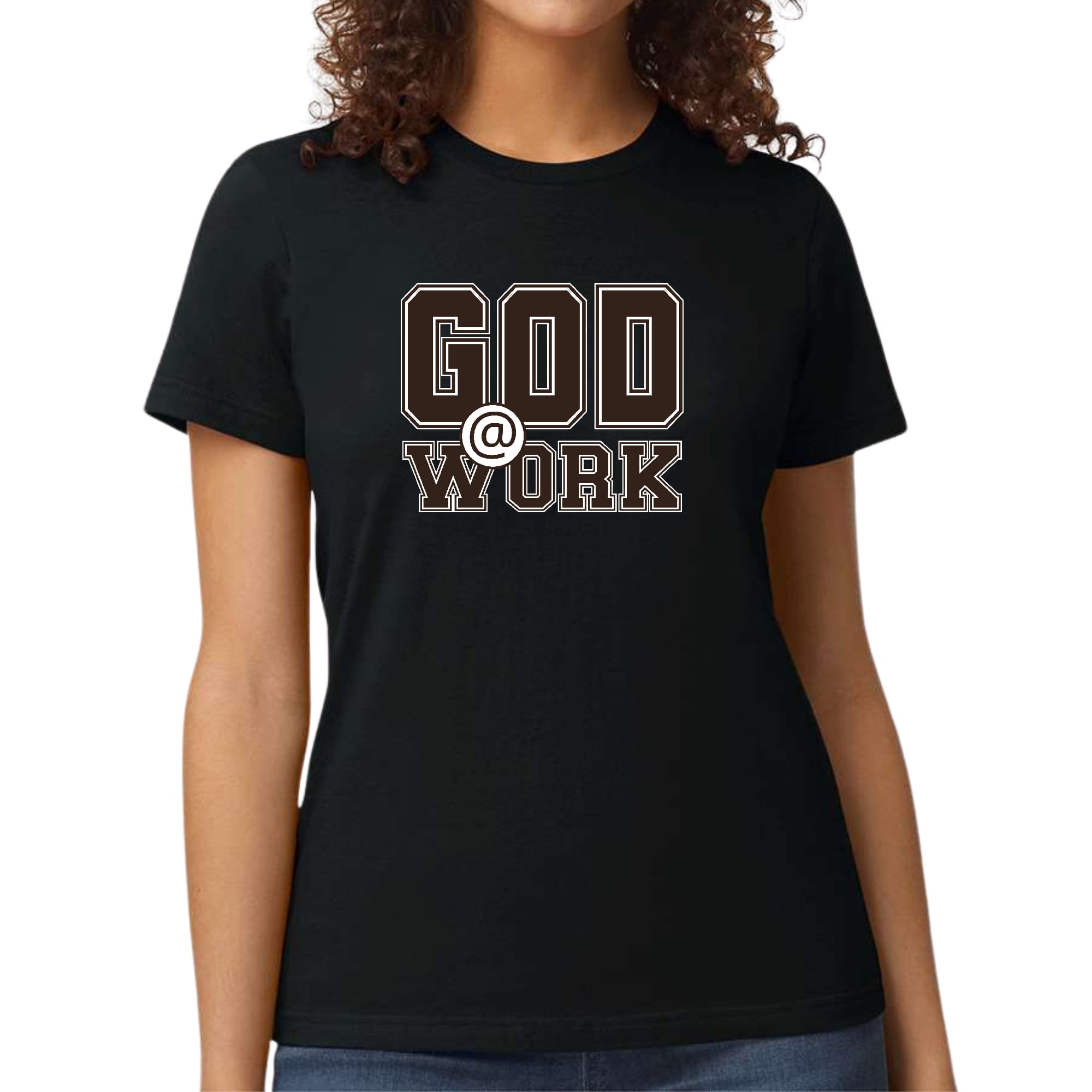 Women's fitted graphic t-shirt featuring God @ Work brown and white print, showcasing artistic design and comfortable fit.