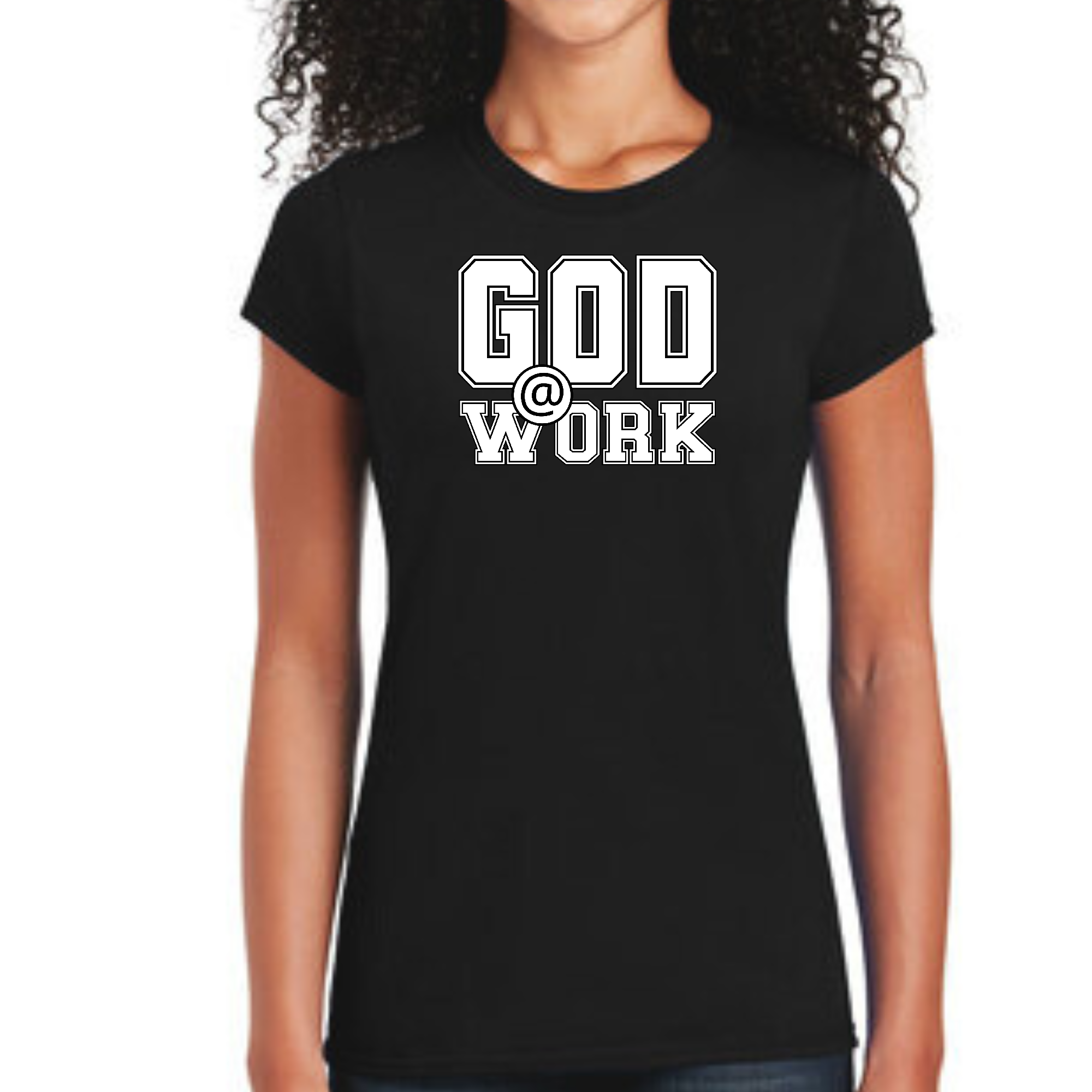 Women's fitted graphic t-shirt featuring a God @ Work print in white and black, showcasing artistic expression and individuality.