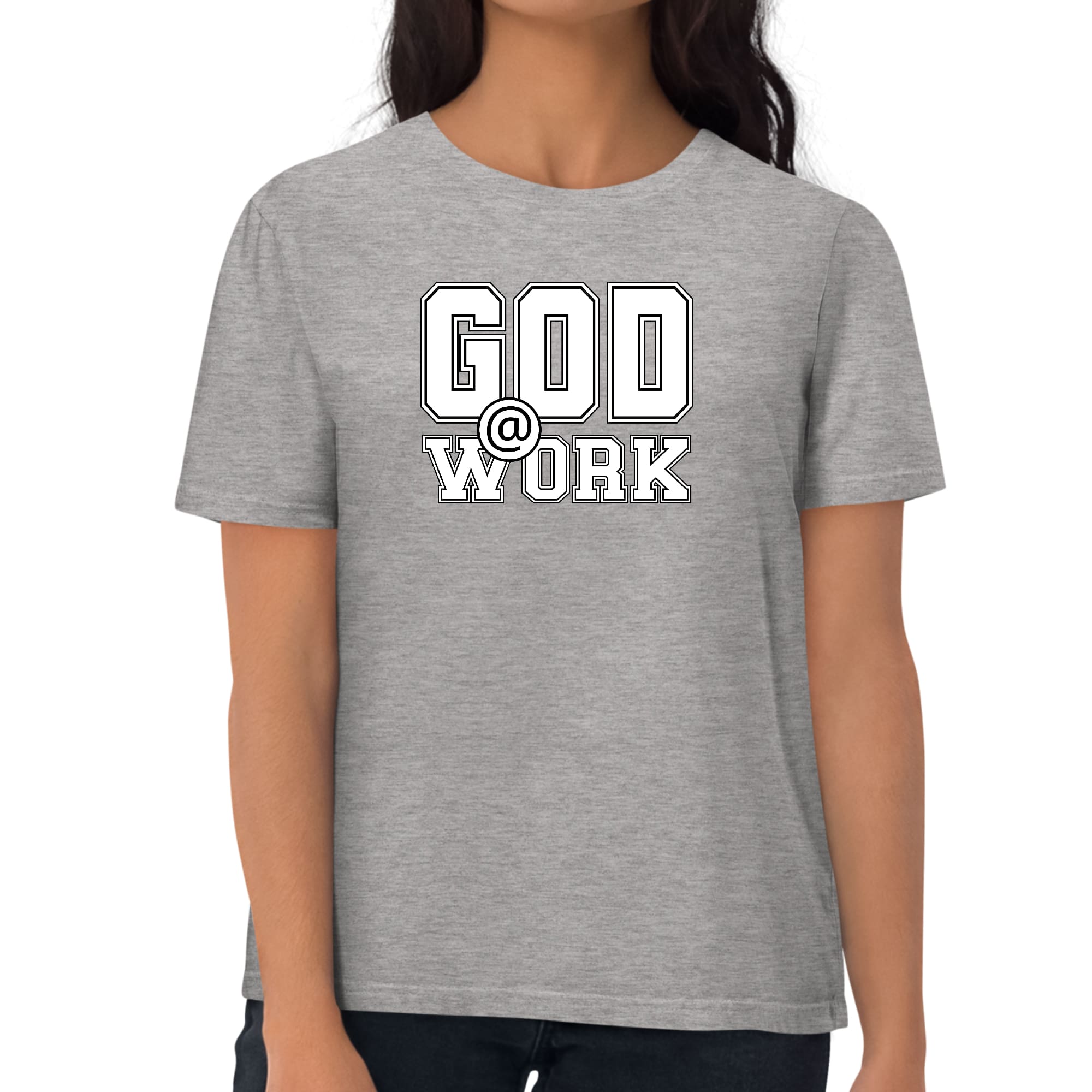 Women's fitted graphic t-shirt featuring a God @ Work print in white and black, showcasing artistic expression and individuality.