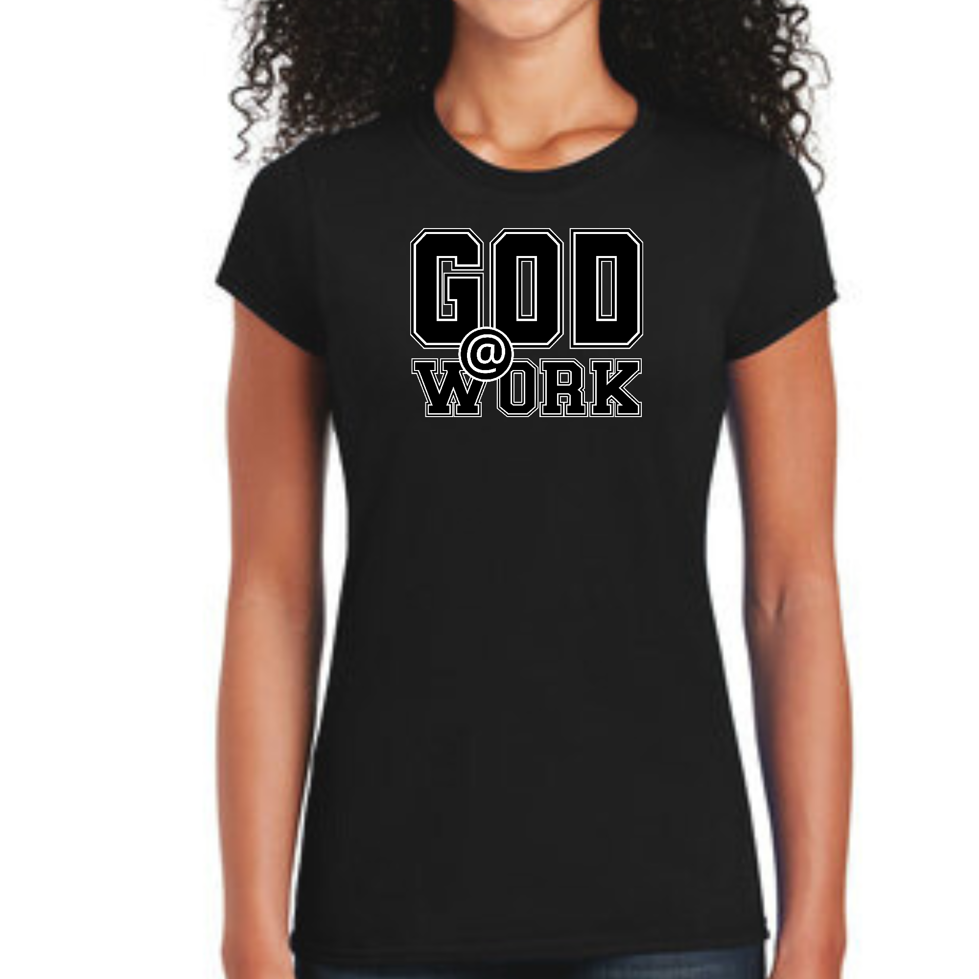 Women's fitted graphic t-shirt with 'God @ Work' print in black and white, showcasing artistic expression and individuality.