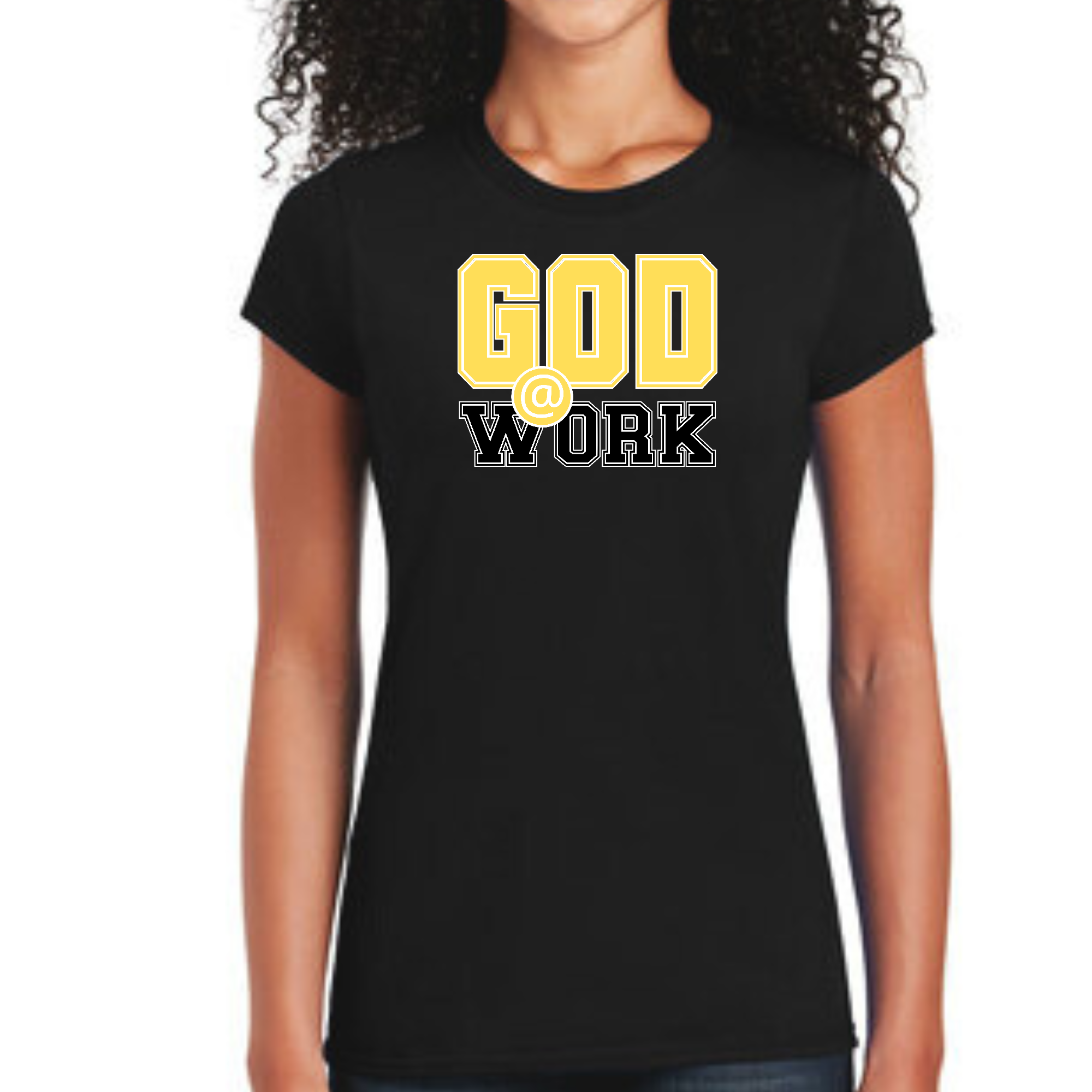 Women's fitted graphic t-shirt in yellow and black with 'God @ Work' print, showcasing artistic expression and comfort.