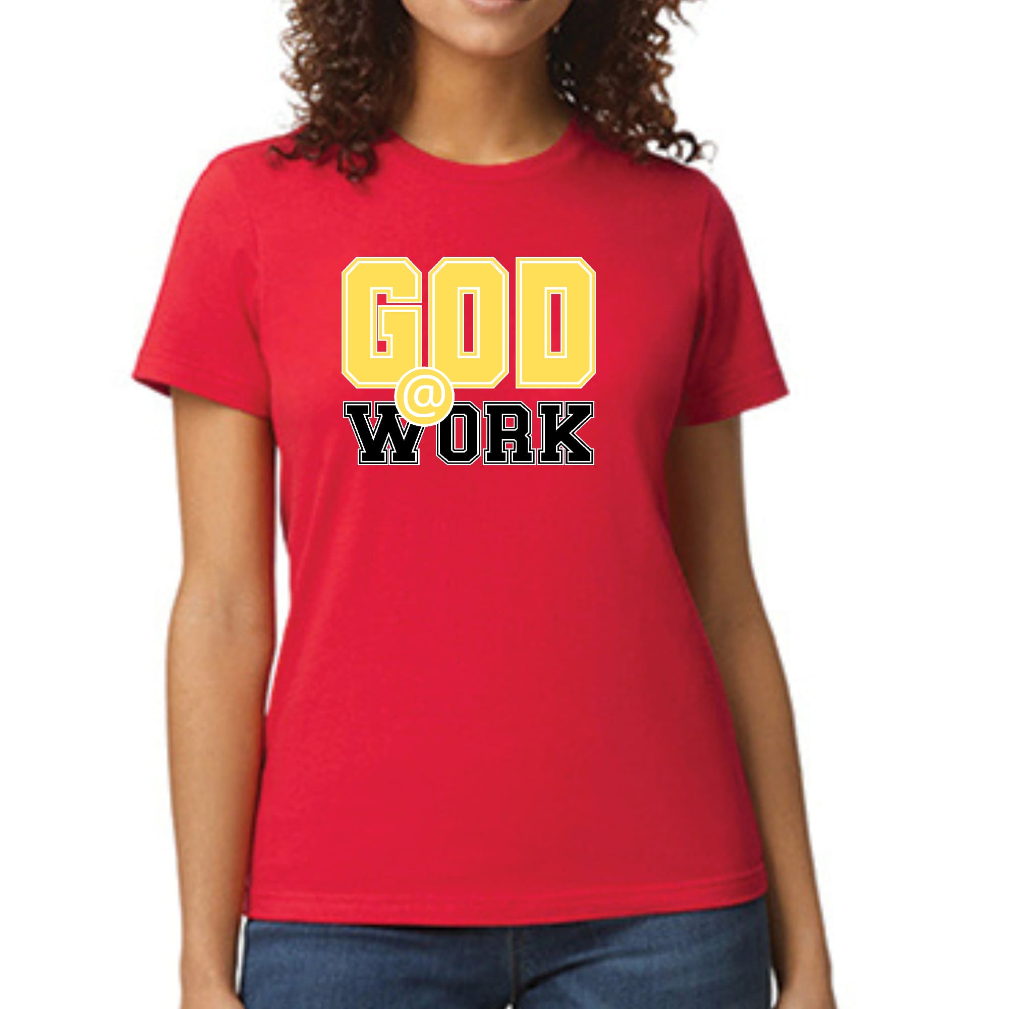 Women's fitted graphic t-shirt in yellow and black with 'God @ Work' print, showcasing artistic expression and comfort.