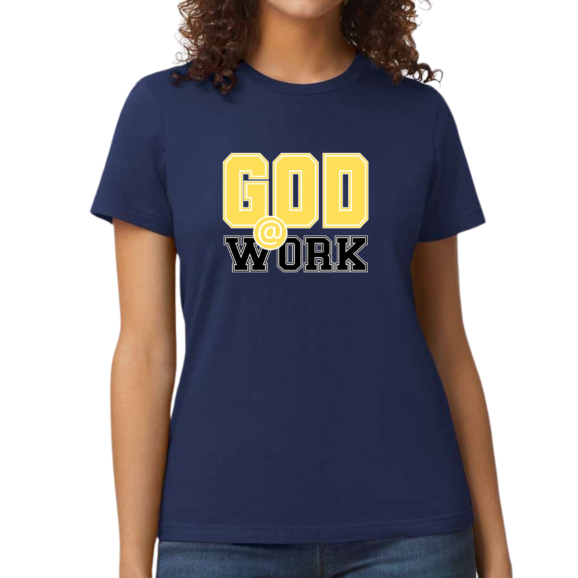 Women's fitted graphic t-shirt in yellow and black with 'God @ Work' print, showcasing artistic expression and comfort.